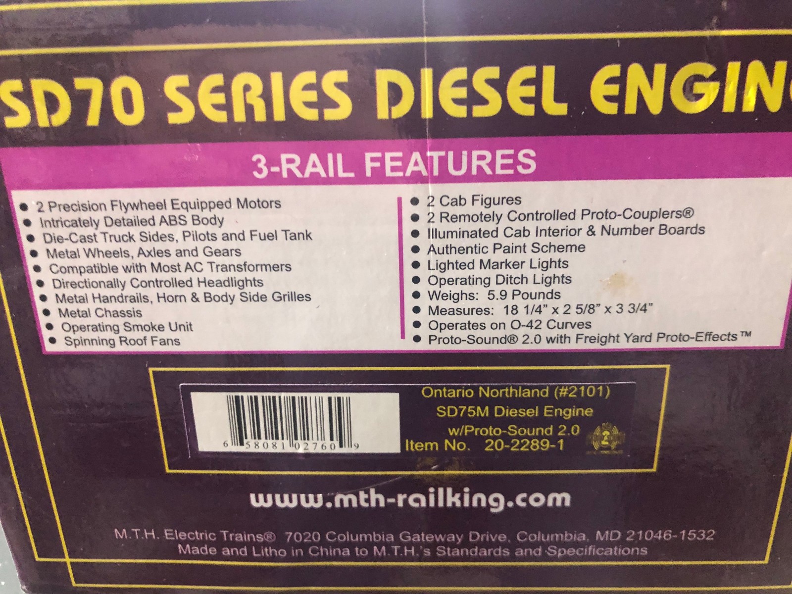 MTH Premier 20-2289 Ontario Northland SD75M Diesel Engine #2101 with ProtoSound2