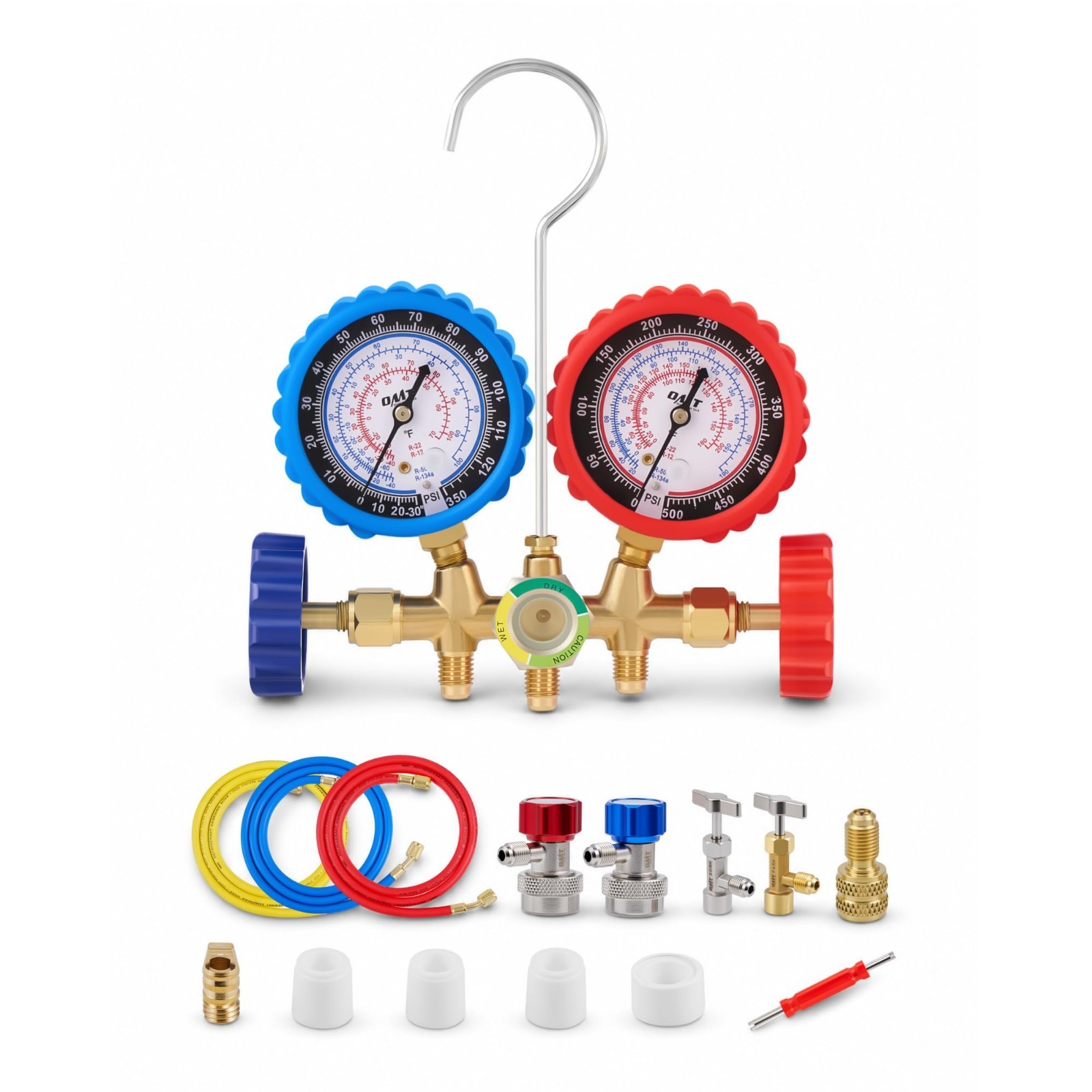 AC Gauge Set with Self-Sealing R134A Can Tap, 5FT Hoses & Adjustable Couplers –