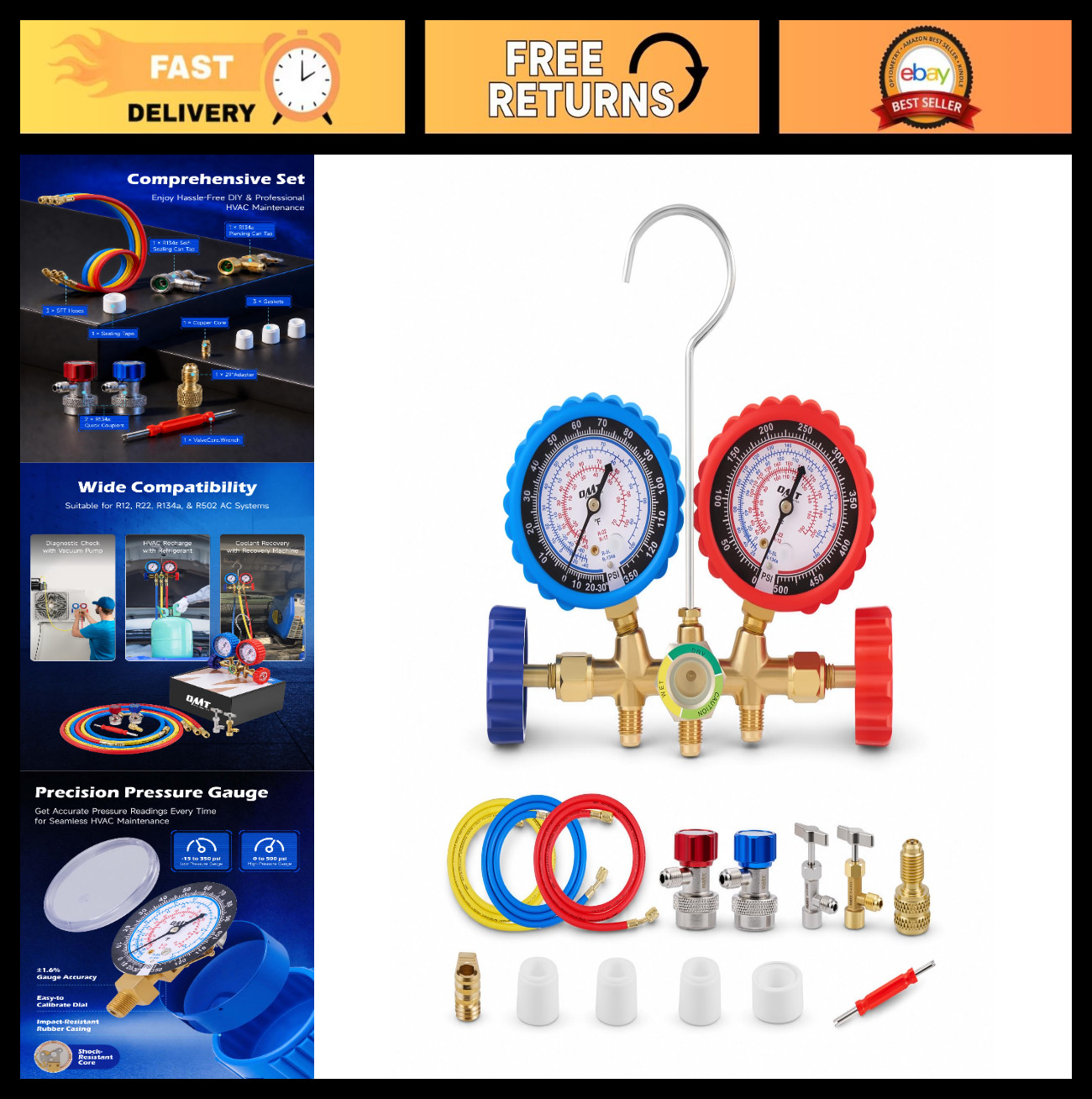 AC Gauge Set with Self-Sealing R134A Can Tap, 5FT Hoses & Adjustable Couplers –