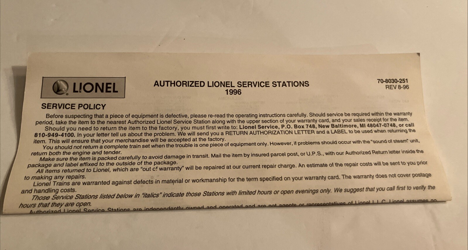 Lionel 600 N&W J 4-8-4 Steam Locomotive Owner’s Manual /paperwork Train Manual