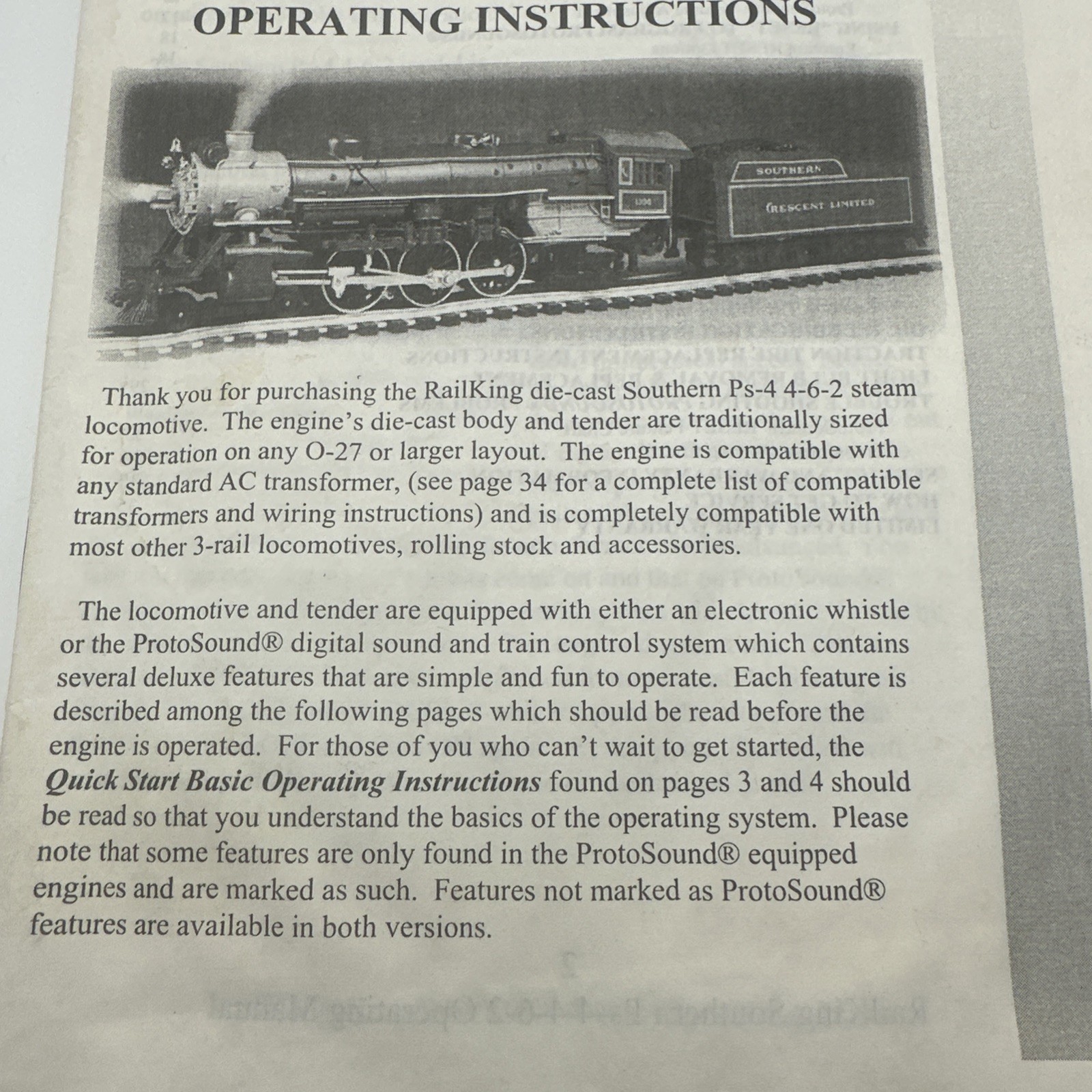 MTH Rail King Southern PS-4 4-6-2 Steam Engine Operating Instructions Manual
