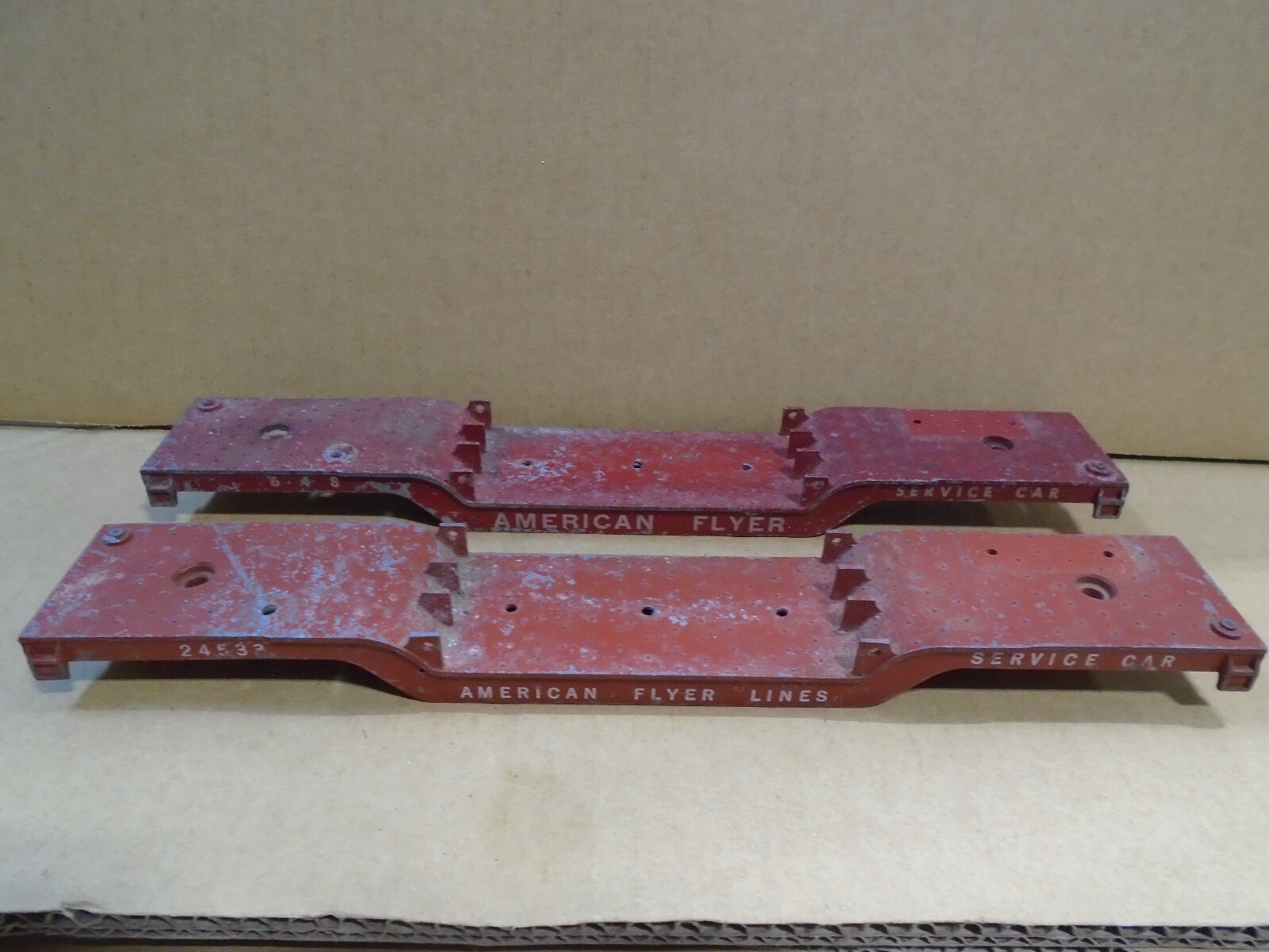 2 AMERICAN FLYER PA10358 S GAUGE DIE CAST METAL DEPRESSED CENTER FLAT CAR BODIES