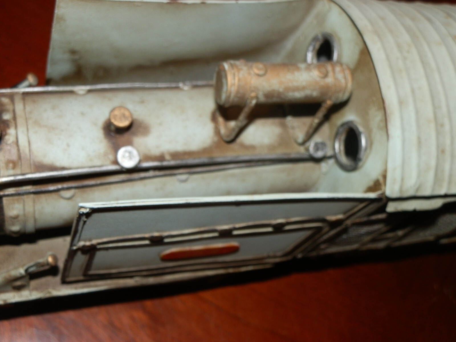 Large Tin Metal Train Locomotive for Display, Measures 21 in x 6 x 4 in. Wear