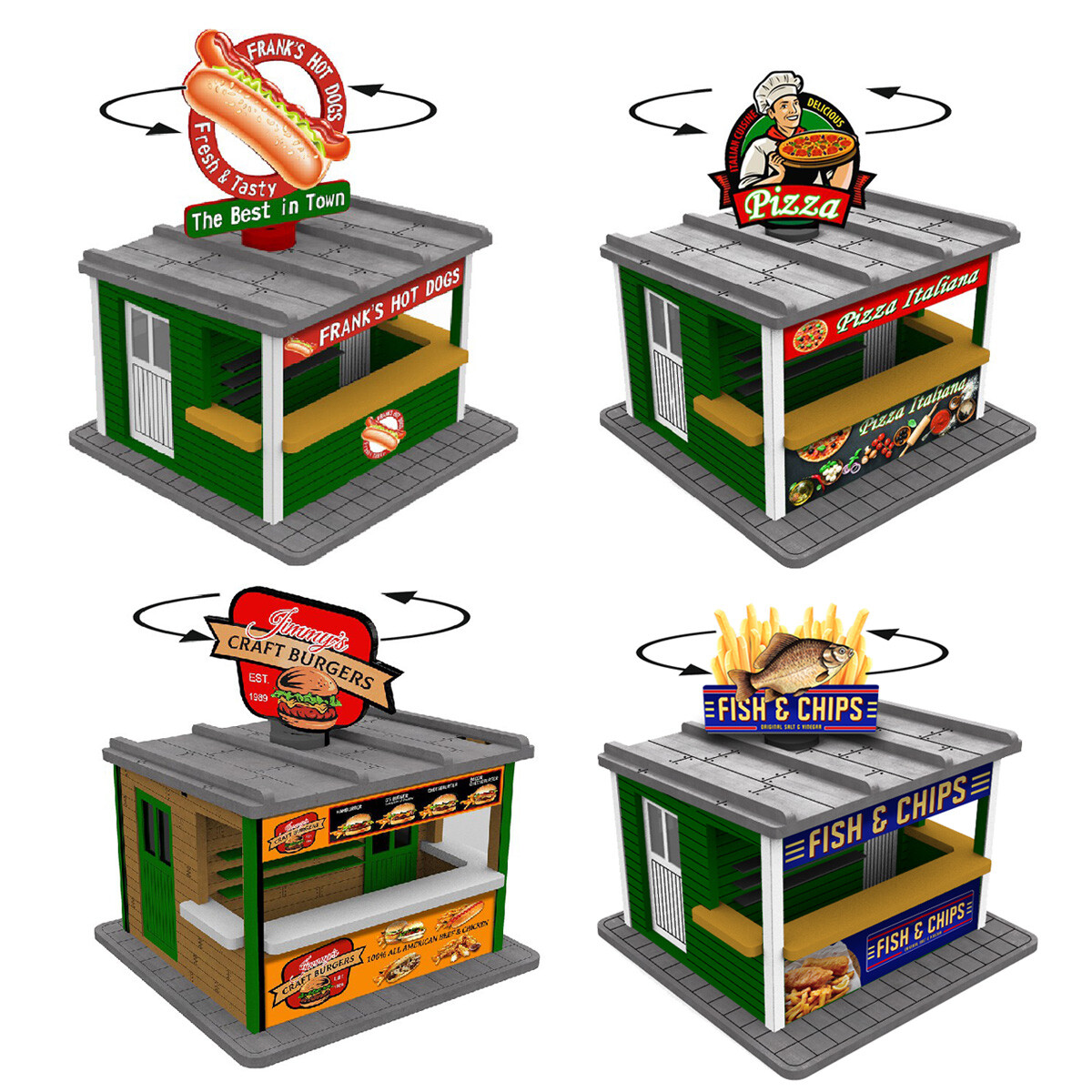 4 X Fast Food Stands w/Rotating Banners O Scale 1:45 (Save $31) for Model Train
