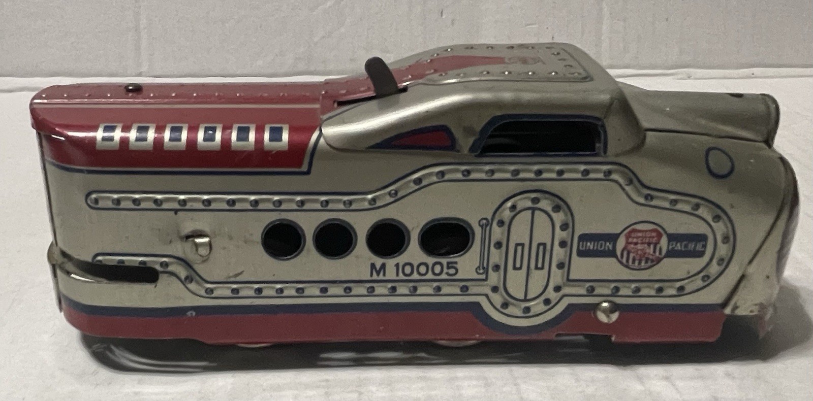1950-MARX UNION PACIFIC M10005 LITHO TIN TOY TRAIN SET-LOCOMOTVE & 3 CARS