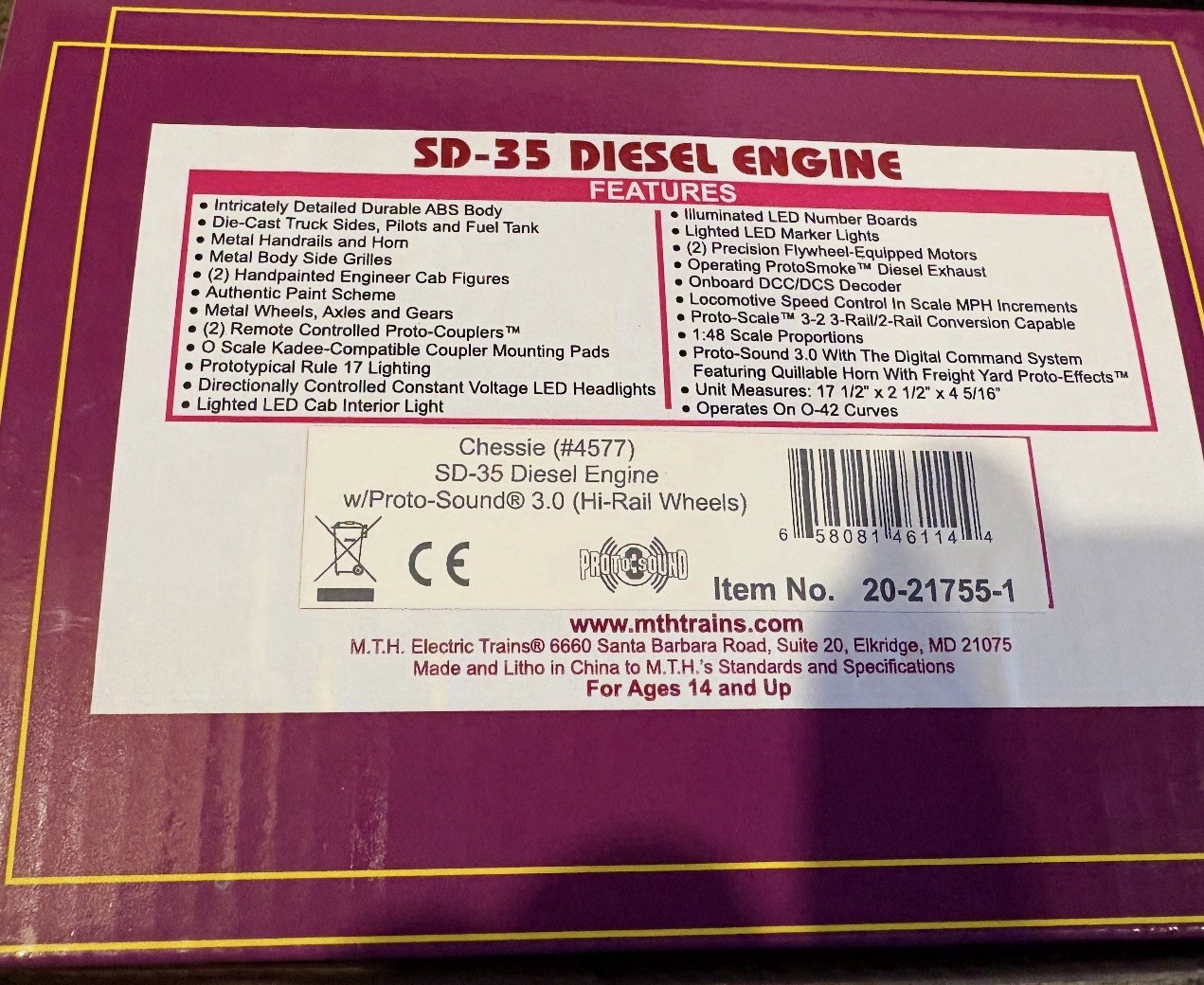 MTH PREMIER CHESSIE SYSTEM SD-35 DIESEL ENGINE PS3! 20-21755-1 O SCALE SD35