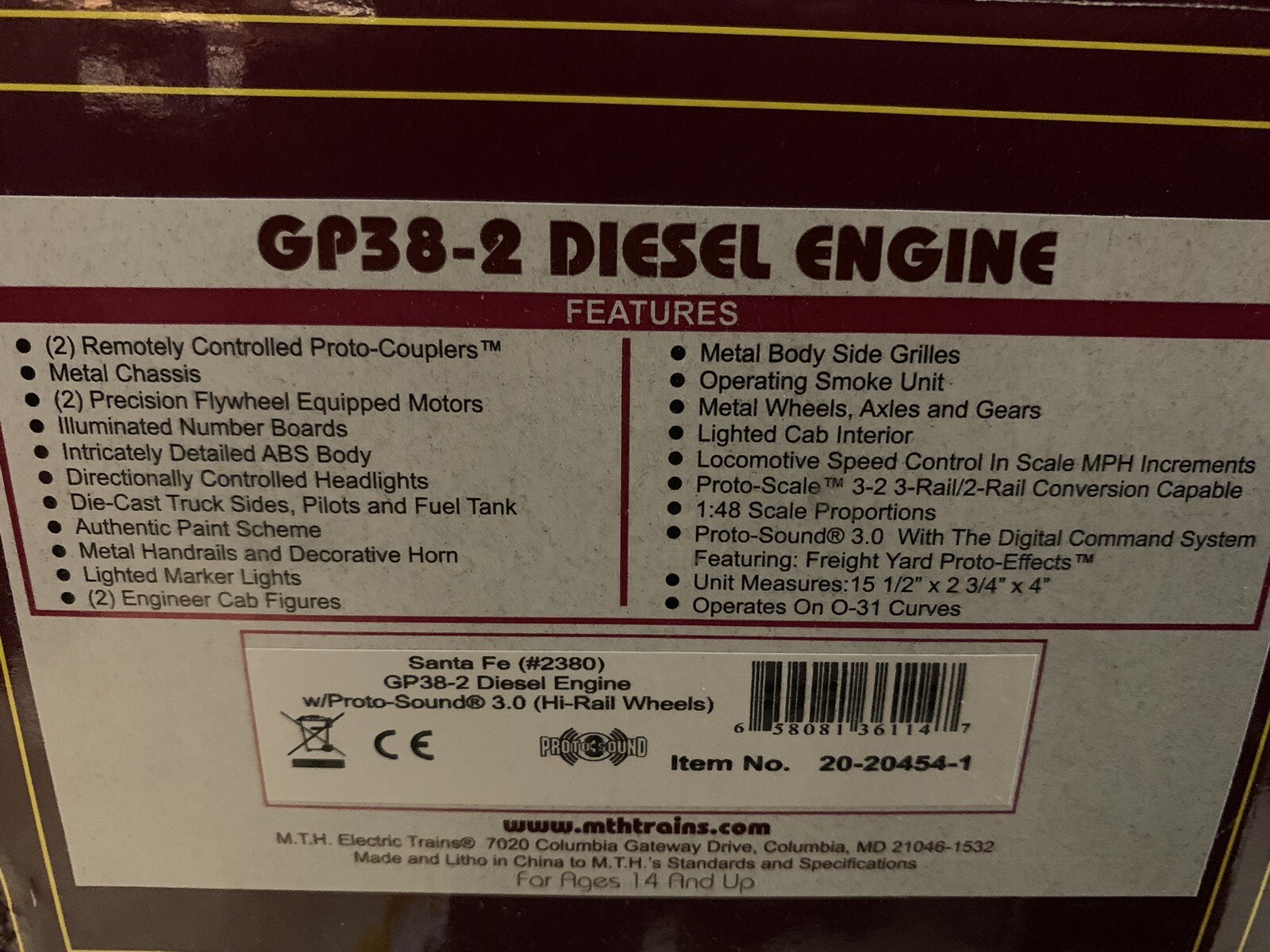 MTH PREMIER SANTA FE GP38-2 DIESEL ENGINE PROTOSOUND 3.0! 20-20454-1 O SCALE