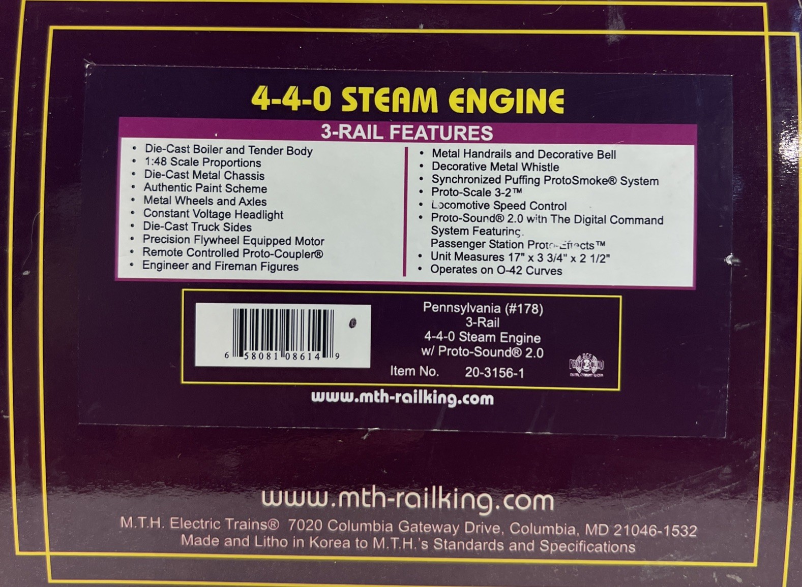 MTH 20-3156-1 O Gauge Pennsylvania #178 4-4-0 3 Rail Steam Engine W/ Proto Sound