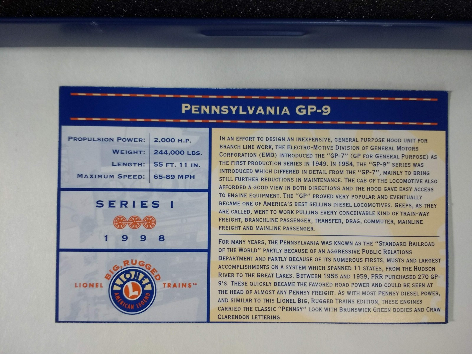 Lionel Pennsylvania 7214 GP-9 Unpowered Diesel LN/Box – TT Scale