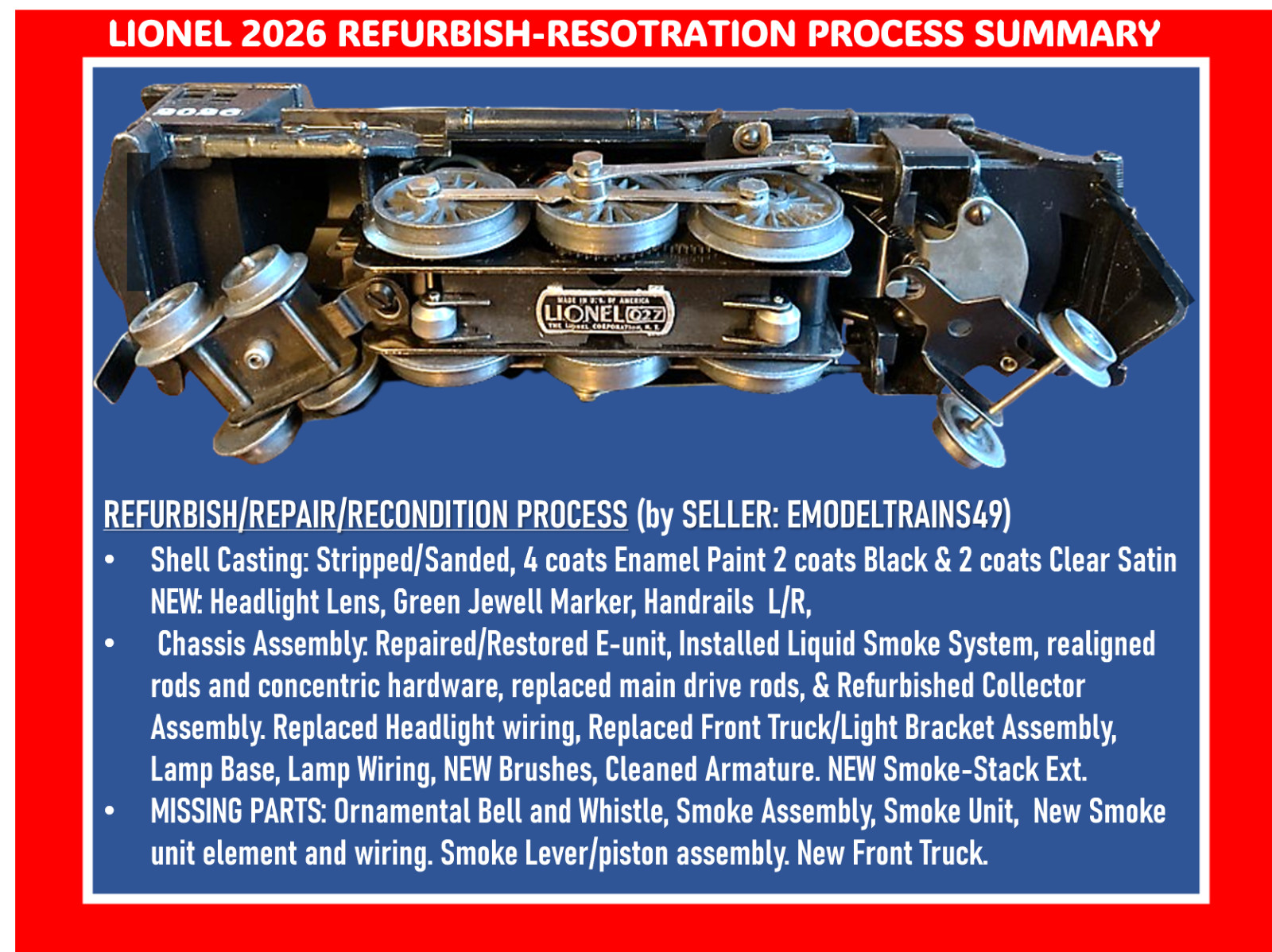 SELLER REFURBISHED LIONEL 2026 (1953) 2-6-4 STEAM ENGINE & 6466 W TENDER SET A+