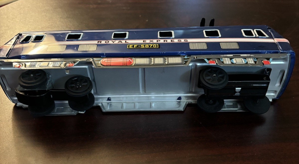 1950’s Blue TIN LOCOMOTIVE EXPRESS E.F 5870 14 In. Street Car READ Description
