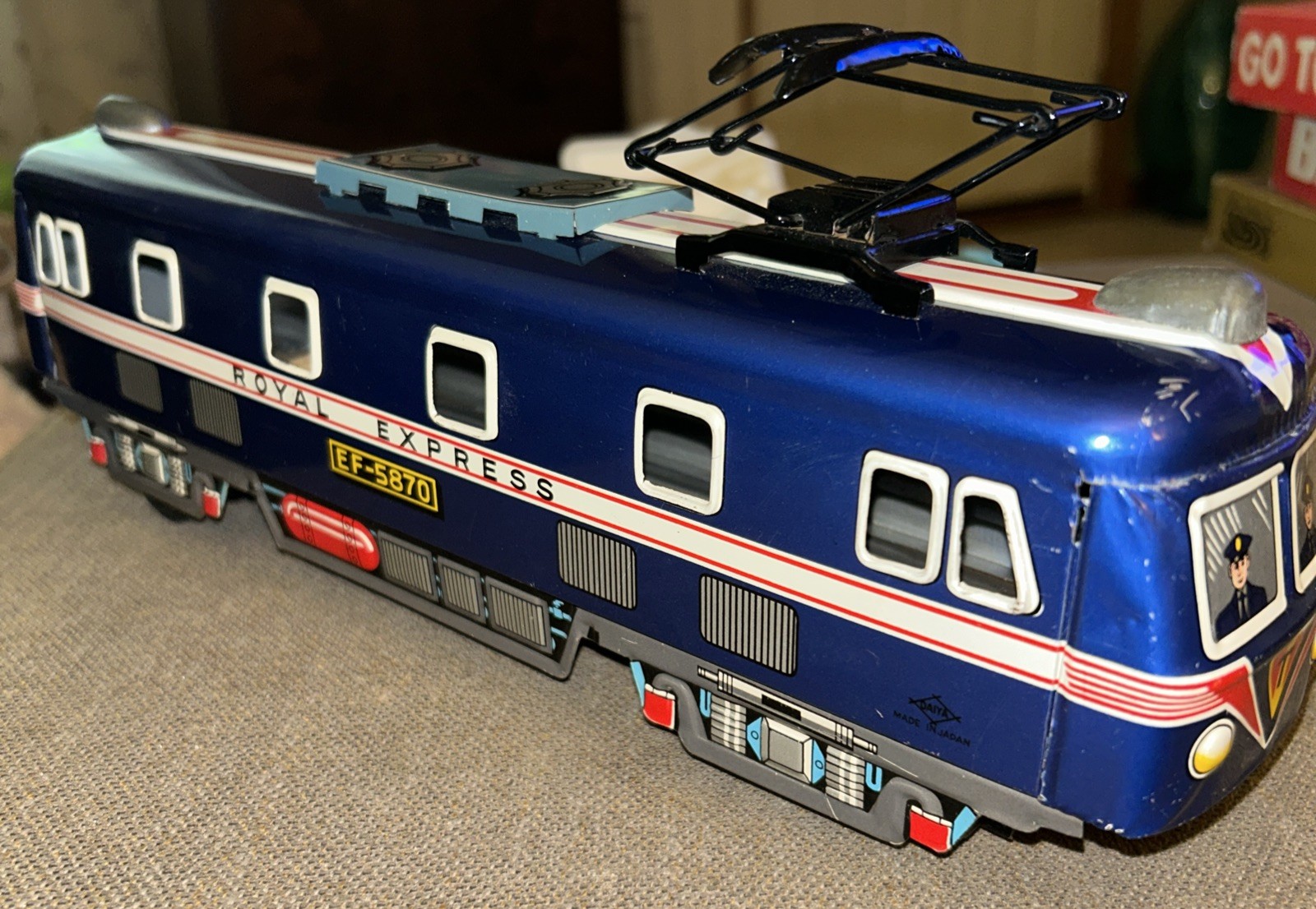 1950’s Blue TIN LOCOMOTIVE EXPRESS E.F 5870 14 In. Street Car READ Description