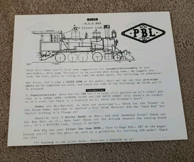 Milestone PBL Brass R.G.S. Class C-19 #40 1940’s Era Locomotive Tender Scale