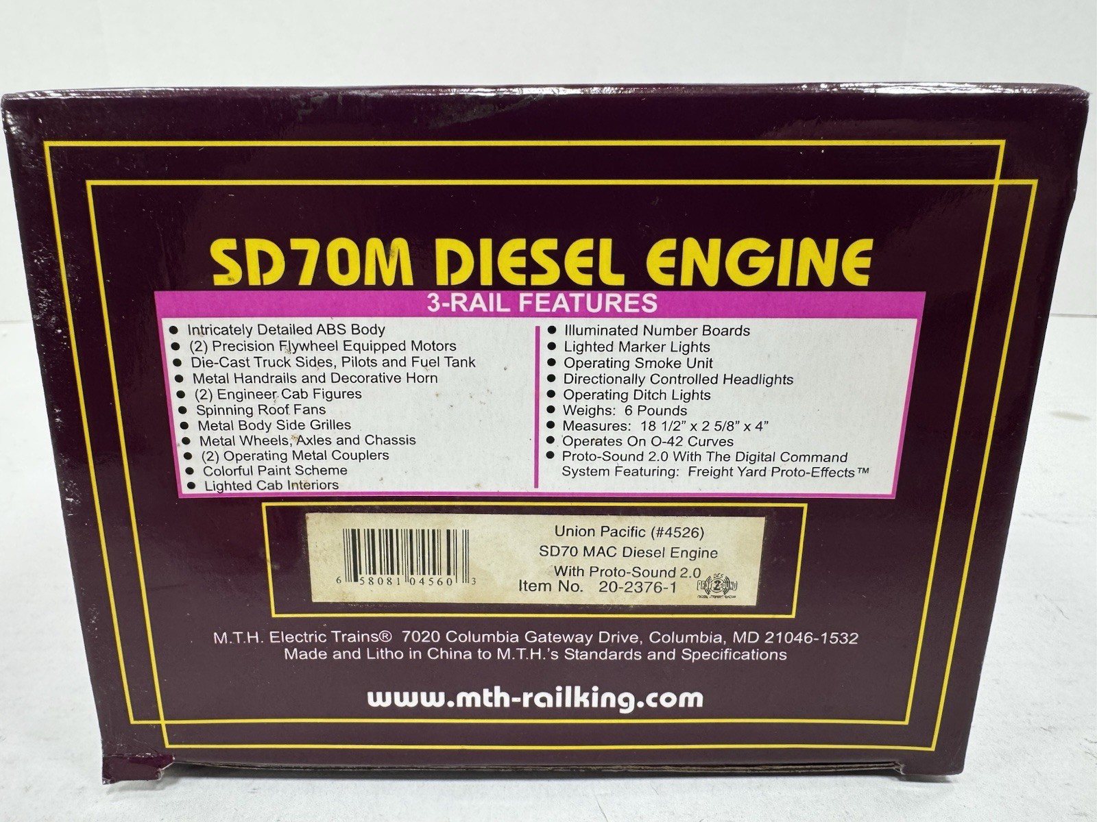 MTH 20-2376-1 Union Pacific UP flag SD70M diesel engine #4526 PS 2.0 BCR NIB