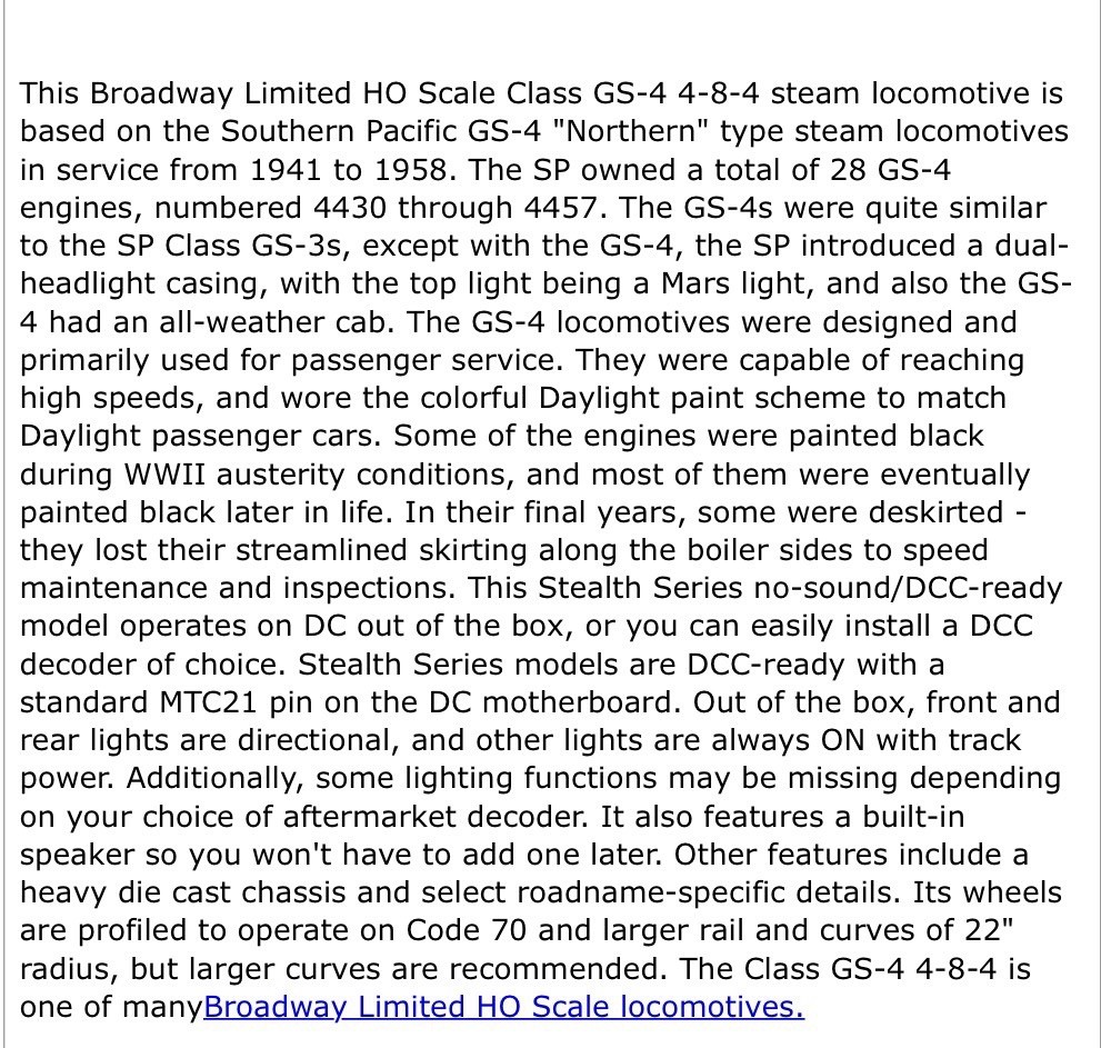 Broadway Limited 187-9843 SP GS-4 4-8-4 DCC Ready 2001 Excursion Scheme HO Scale