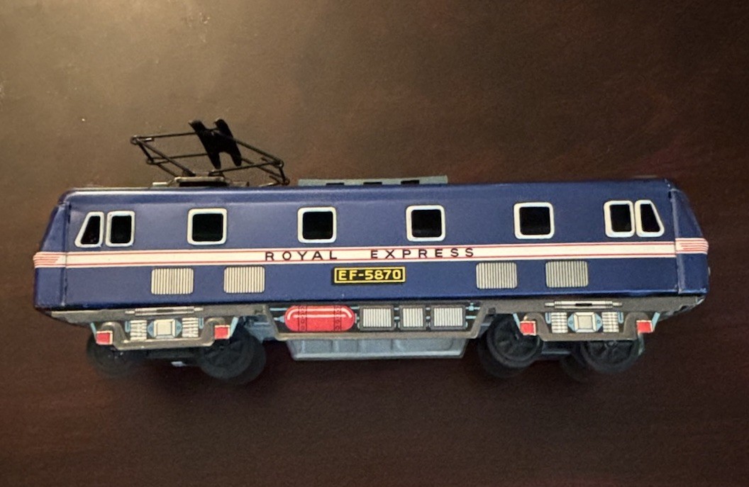 1950’s Blue TIN LOCOMOTIVE EXPRESS E.F 5870 14 In. Street Car READ Description