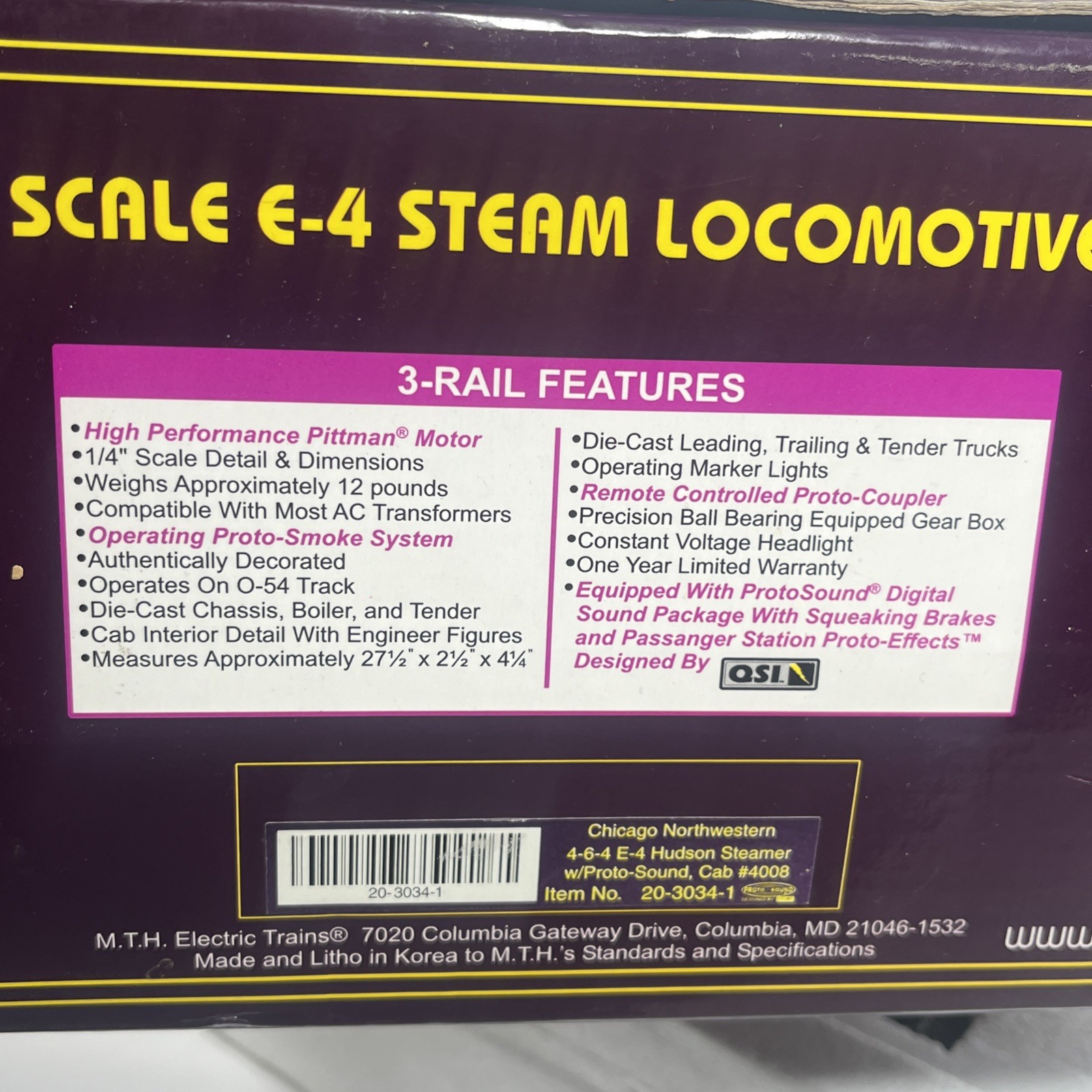 MTH Premier Chicago Northwestern 4-6-4 E4 Hudson Steam Locomotive PS1 20-3034-1