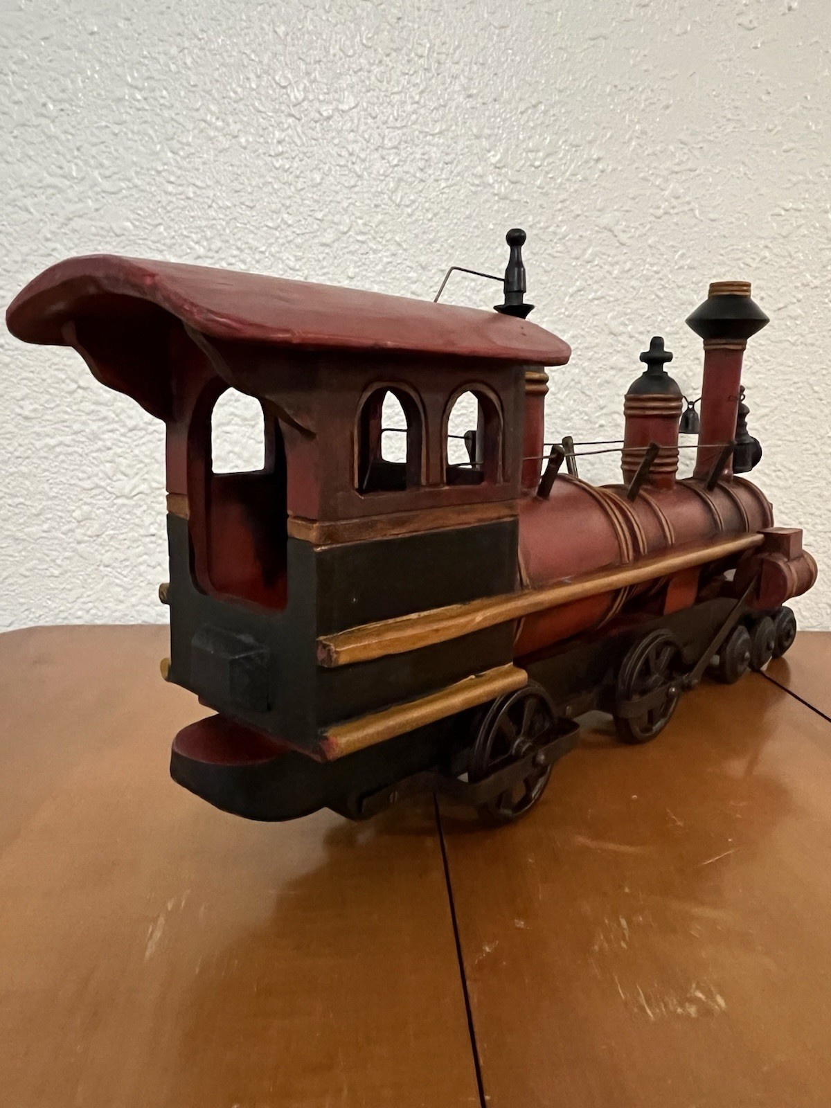 Vintage Wood Cast Iron Train Engine Steam Locomotive Hand Made 26” Long Folk Art