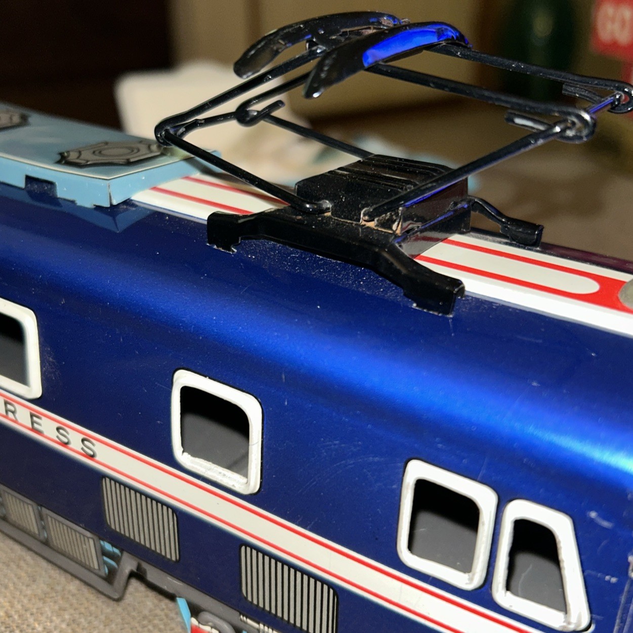 1950’s Blue TIN LOCOMOTIVE EXPRESS E.F 5870 14 In. Street Car READ Description