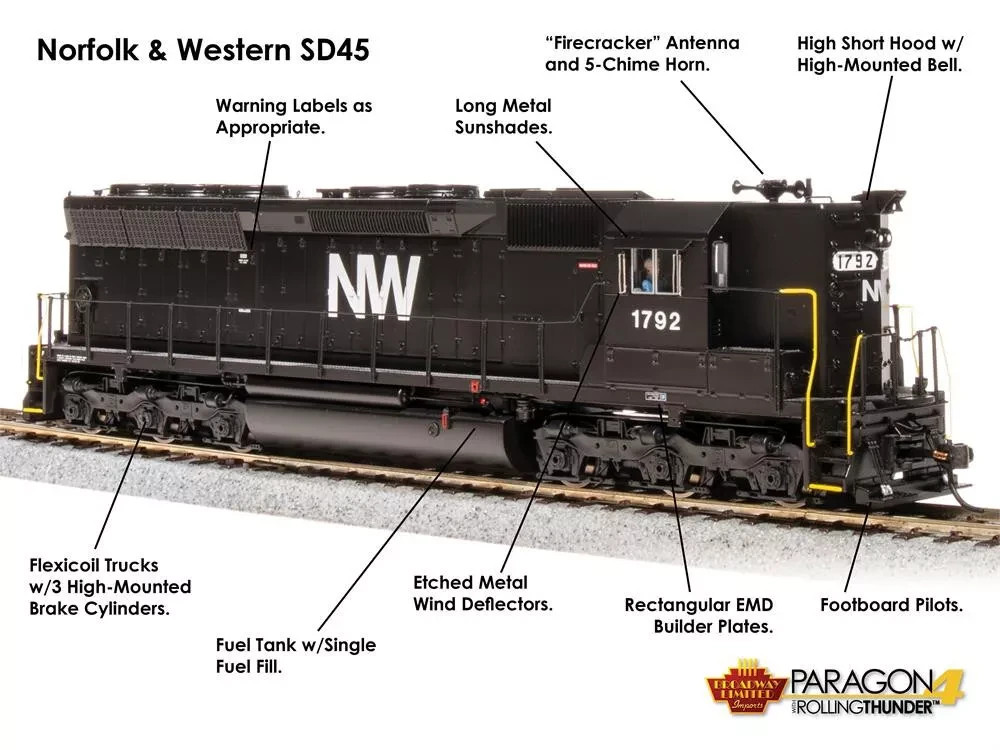 BROADWAY LIMITED 4288 HO EMD SD45 N&W #1803 Paragon4 Sound/DC/DCC (High Hood)