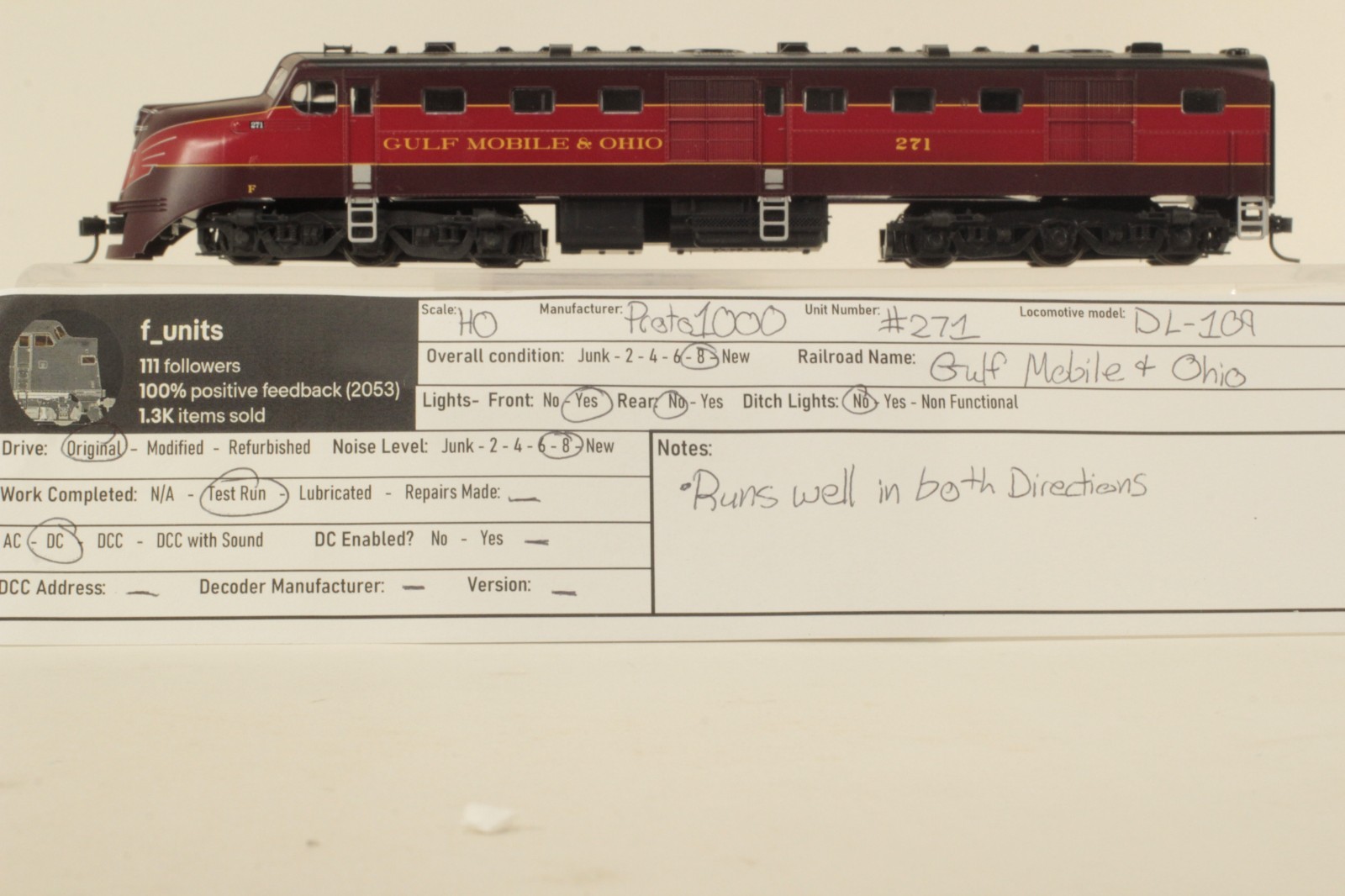 Proto1000 HO Scale Gulf Mobile and Ohio GM&O #271 DL-109 DC Powered Locomotive