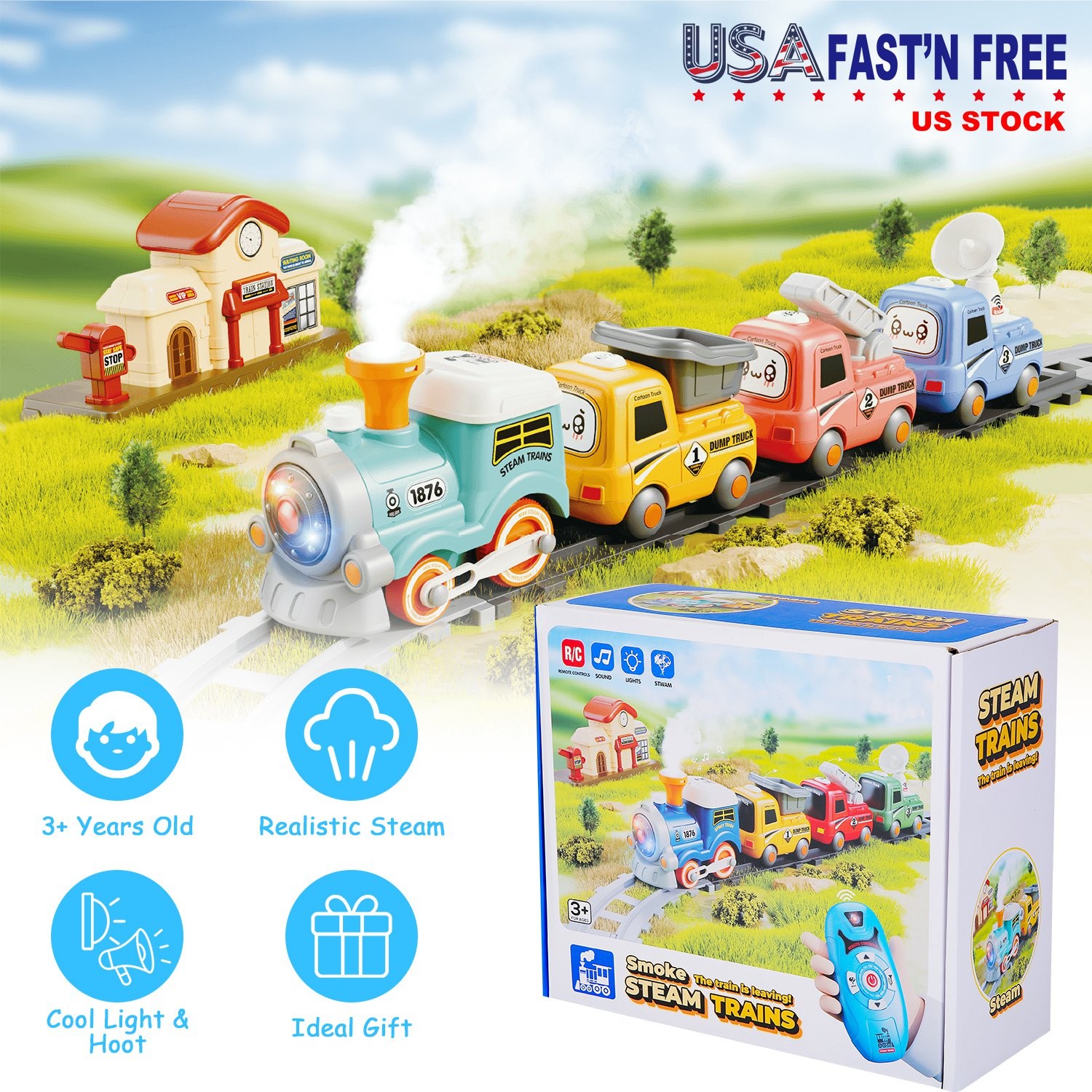 Electric Train Set Smokes Light Sound Remote Magnetic Kid Toys Locomotive Trucks