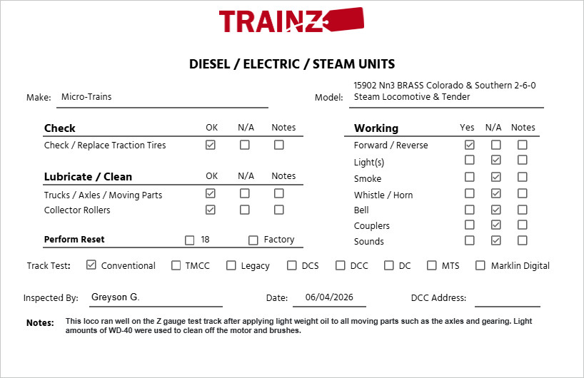 Micro-Trains 15902 Nn3 BRASS Colorado & Southern 2-6-0 Steam Locomotive & Tender