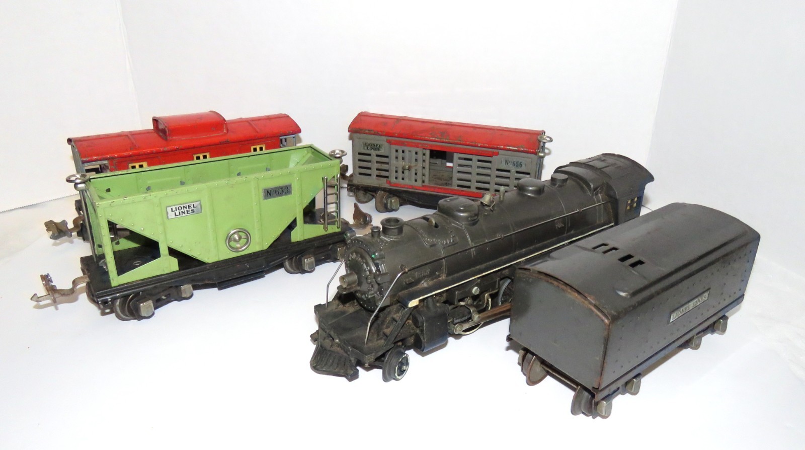 5 Piece O Gauge Lionel 1666E Steam Engine Lines Tender & Cars 1950s #656 653 657
