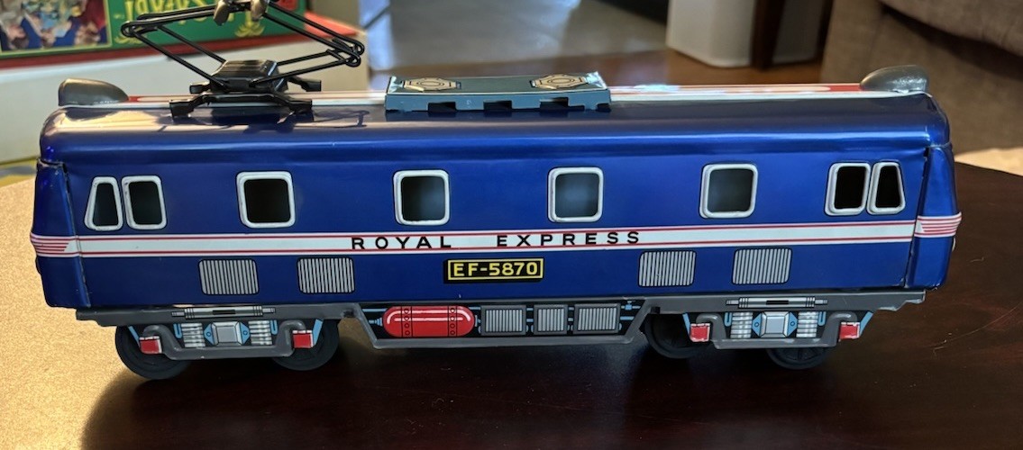 1950’s Blue TIN LOCOMOTIVE EXPRESS E.F 5870 14 In. Street Car READ Description