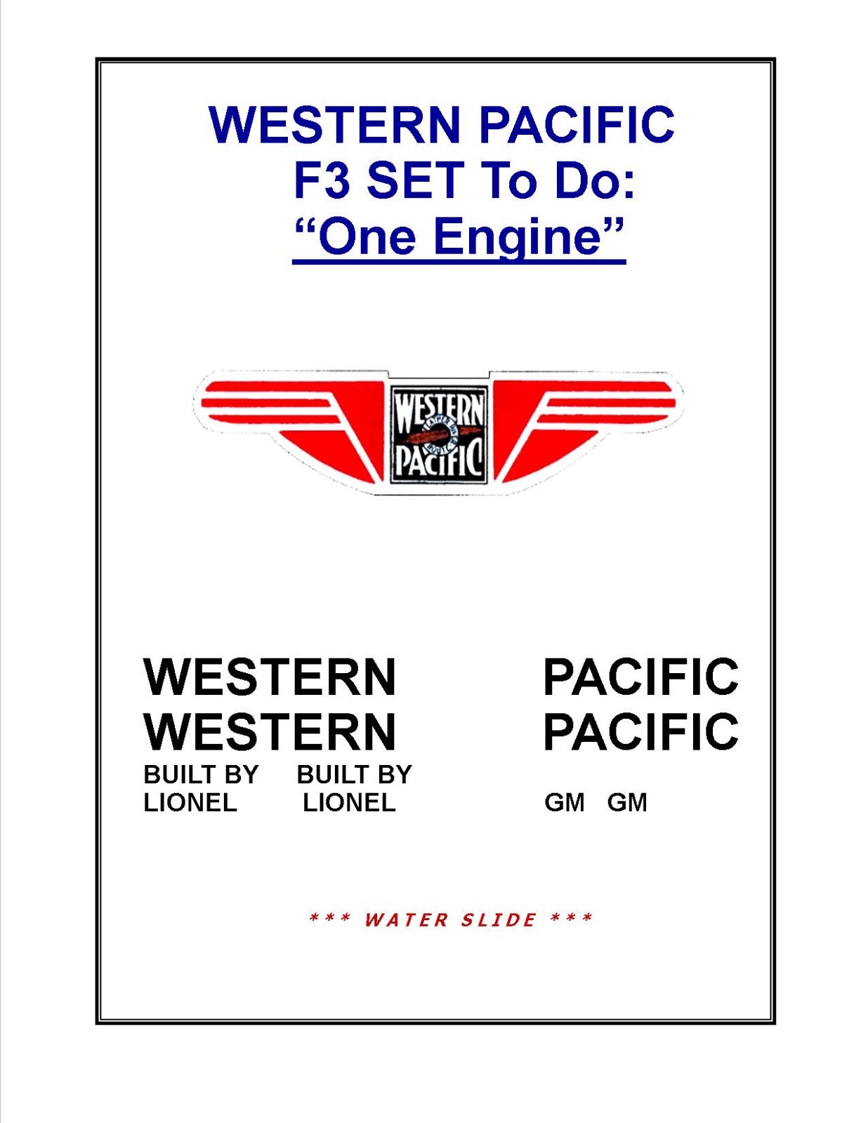 Western Pacific F3 Water Slide Decal Set (Does 1 Cab)