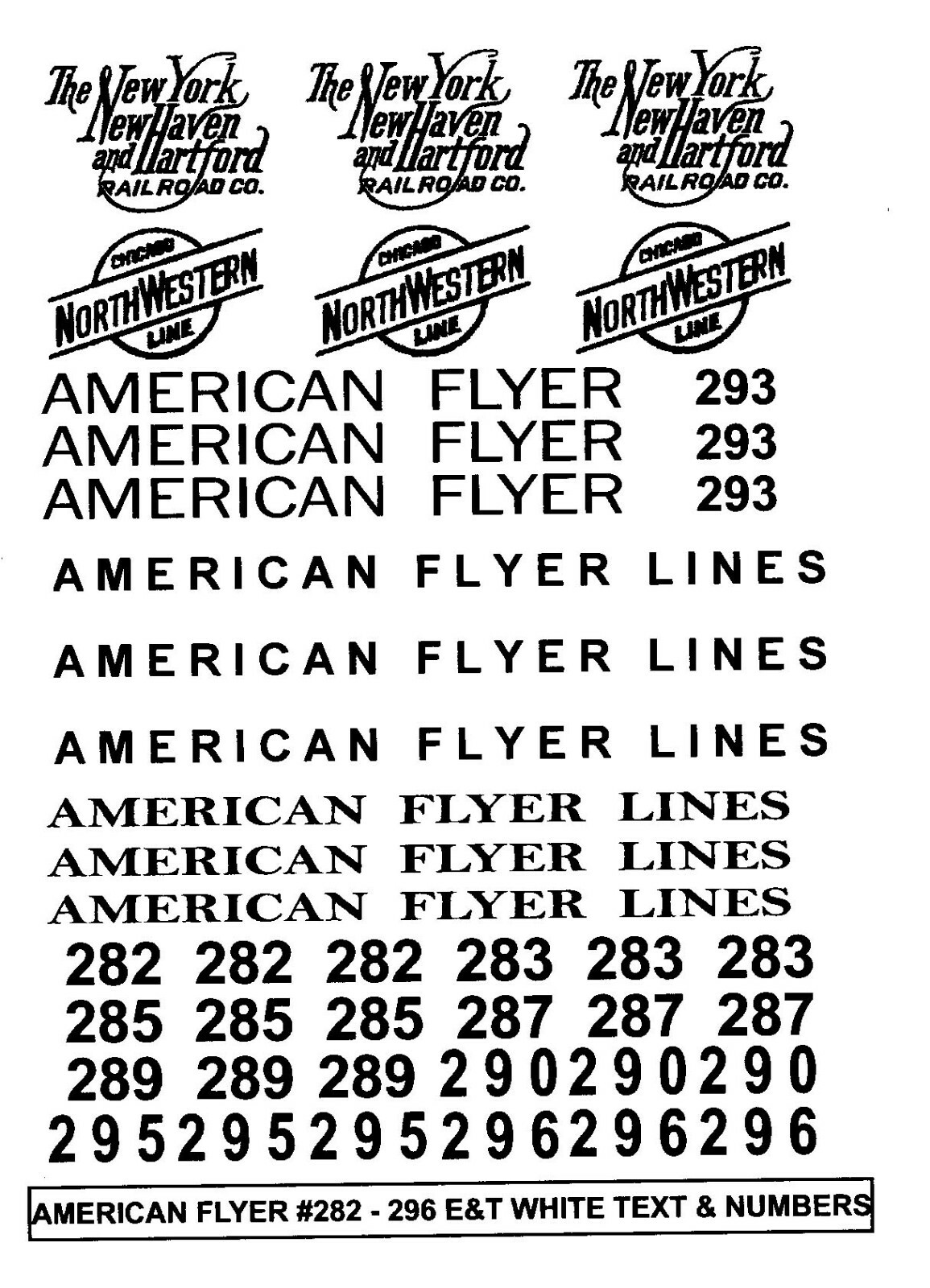 AMERICAN FLYER 4-6-4 PACIFIC #282-#296 “WHITE” Decal Set Plus
