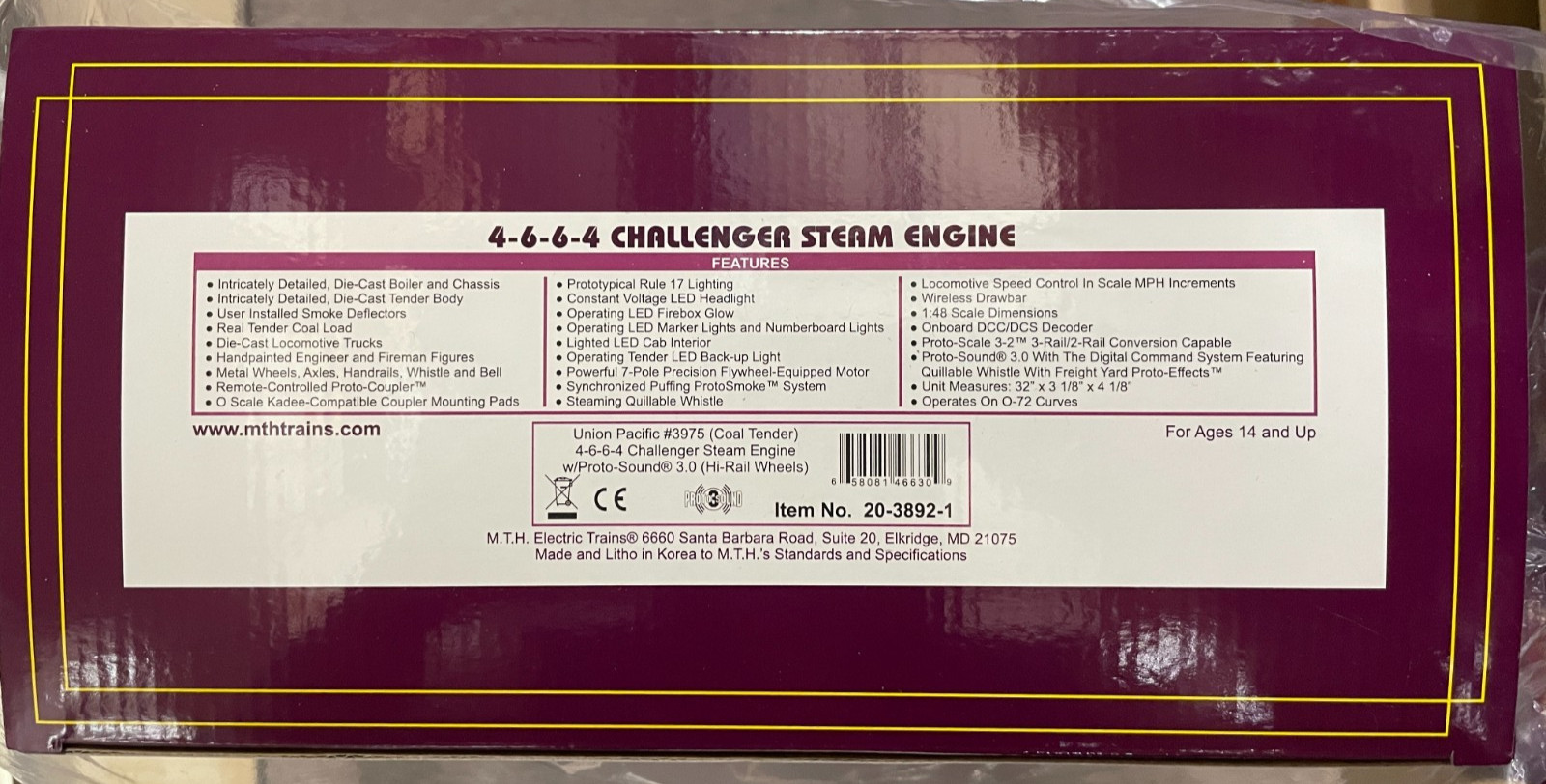 MTH 20-3892-1 UNION PACIFIC 4-6-6-4 CHALLENGER PS3 3-RAIL #3975 COAL STEAM – NEW