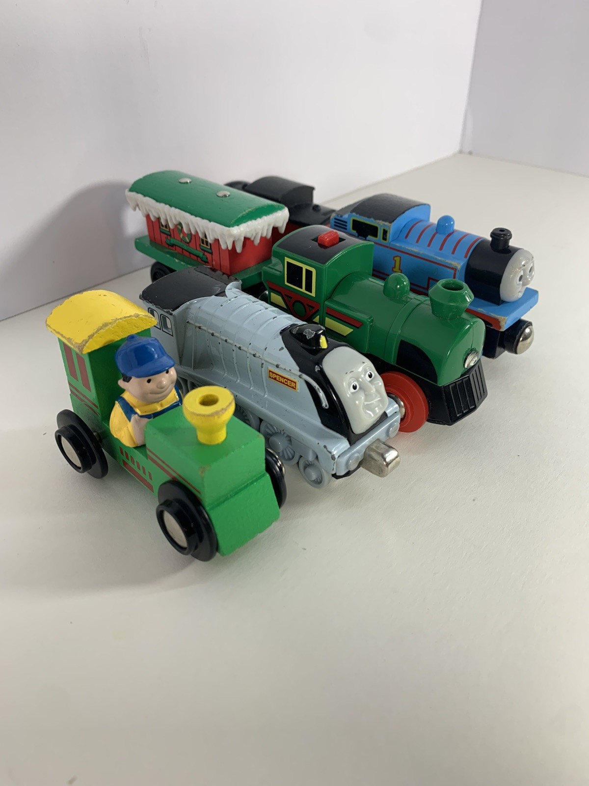 Brio, Thomas, & Spencer Wooden Railway Train Lot – 4 Engines & 2 Carts