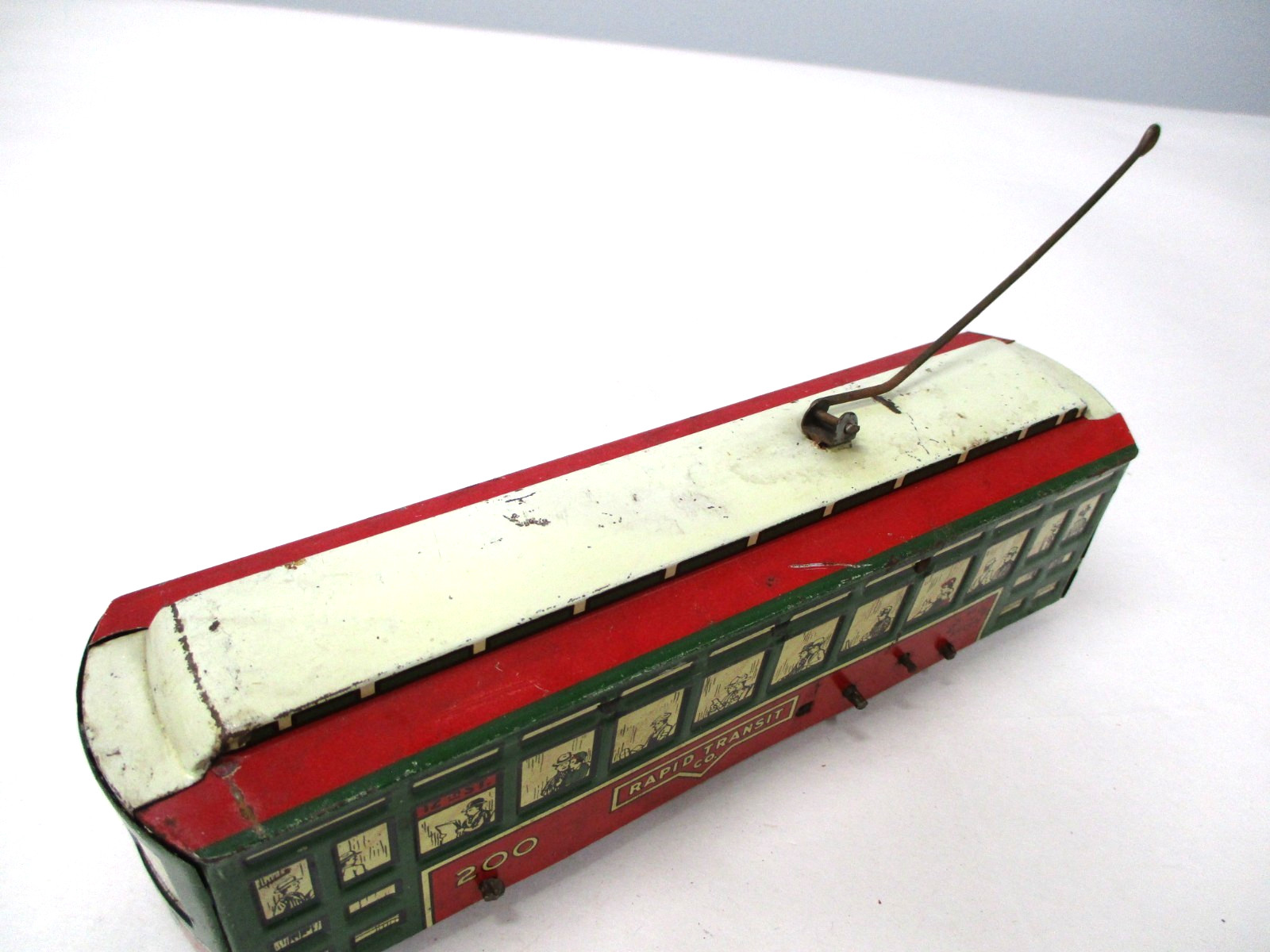 Marx No 200 Rapid Transit Trolley Green, Red, White Windup Prewar O gauge X8300
