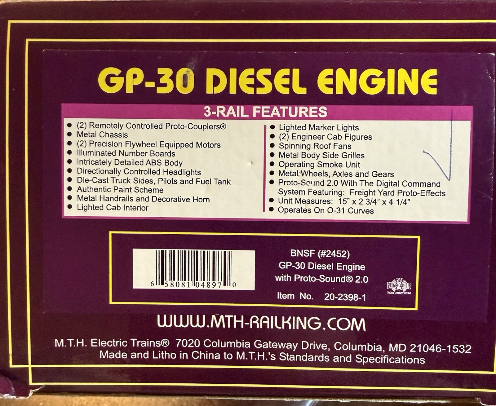 MTH 20-2398-1 O BNSF GP-30 Diesel Engine W/PS 2.0 #2452 W/ Box – See Description