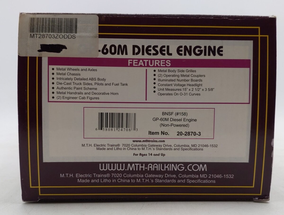 MTH 20-2870-3 BNSF GP-60M Non-Powered Diesel Engine #158 EX/Box