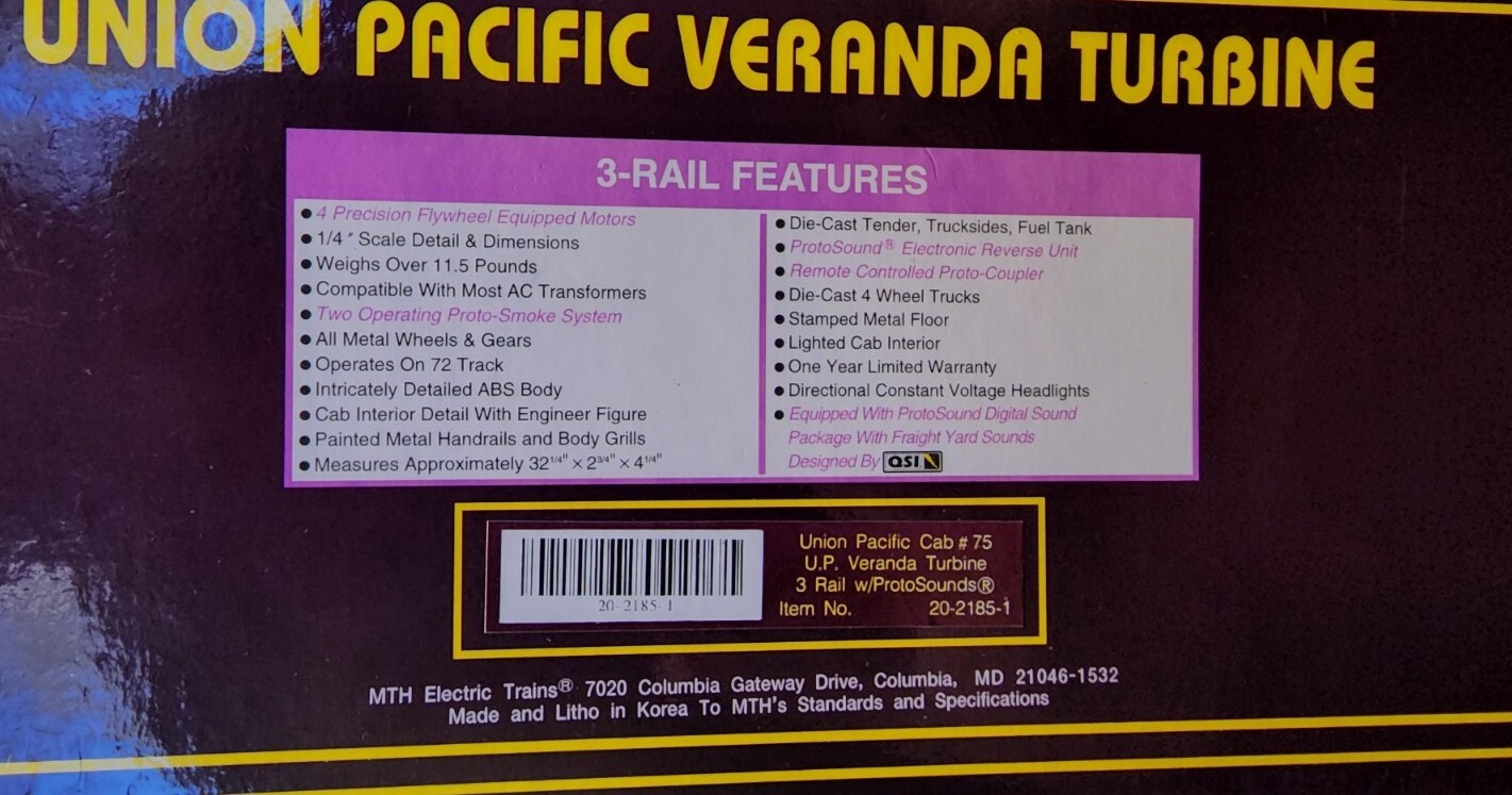 MTH O Scale Premier Veranda Turbine Union Pacific #75 – 3 Rail