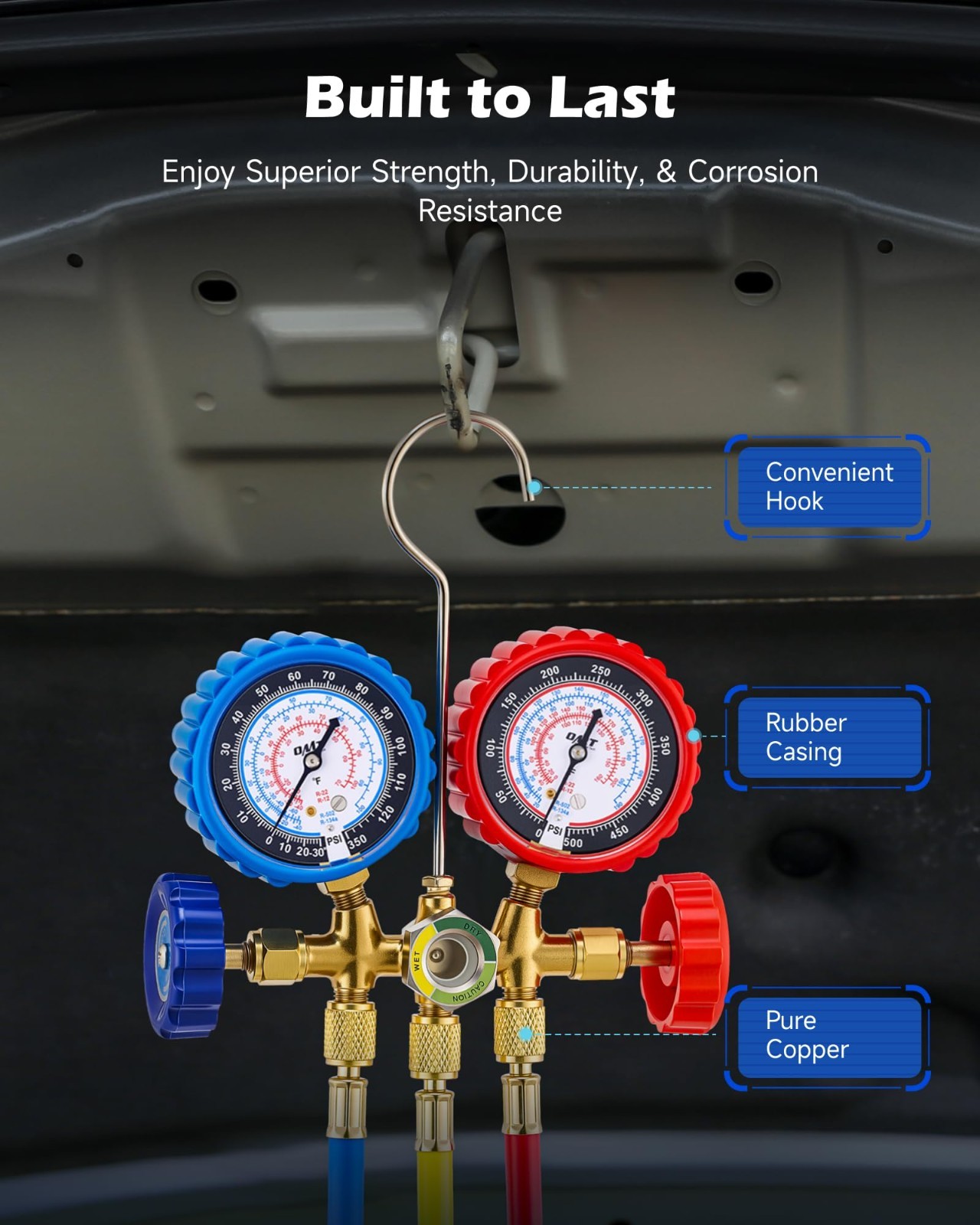 AC Gauge Set with Self-Sealing R134A Can Tap, 5FT Hoses & Adjustable Couplers –