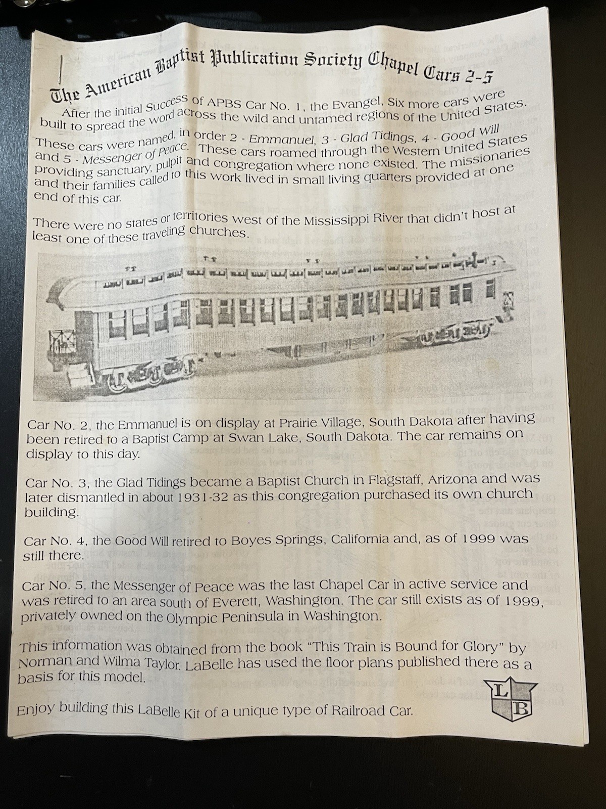 LaBelle American Baptist Publication Society HO Scale Passenger Car