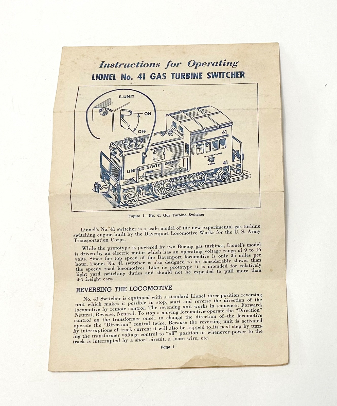 Postwar Lionel 41 Gas Turbine Switcher INSTRUCTION SHEET C7 1955
