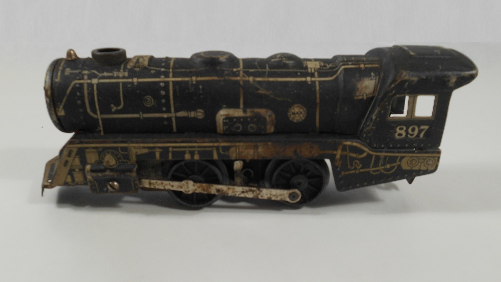 Vintage Louis Marx Tin Litho Steam Locomotve 897 + Tender & 3 Litho Cars