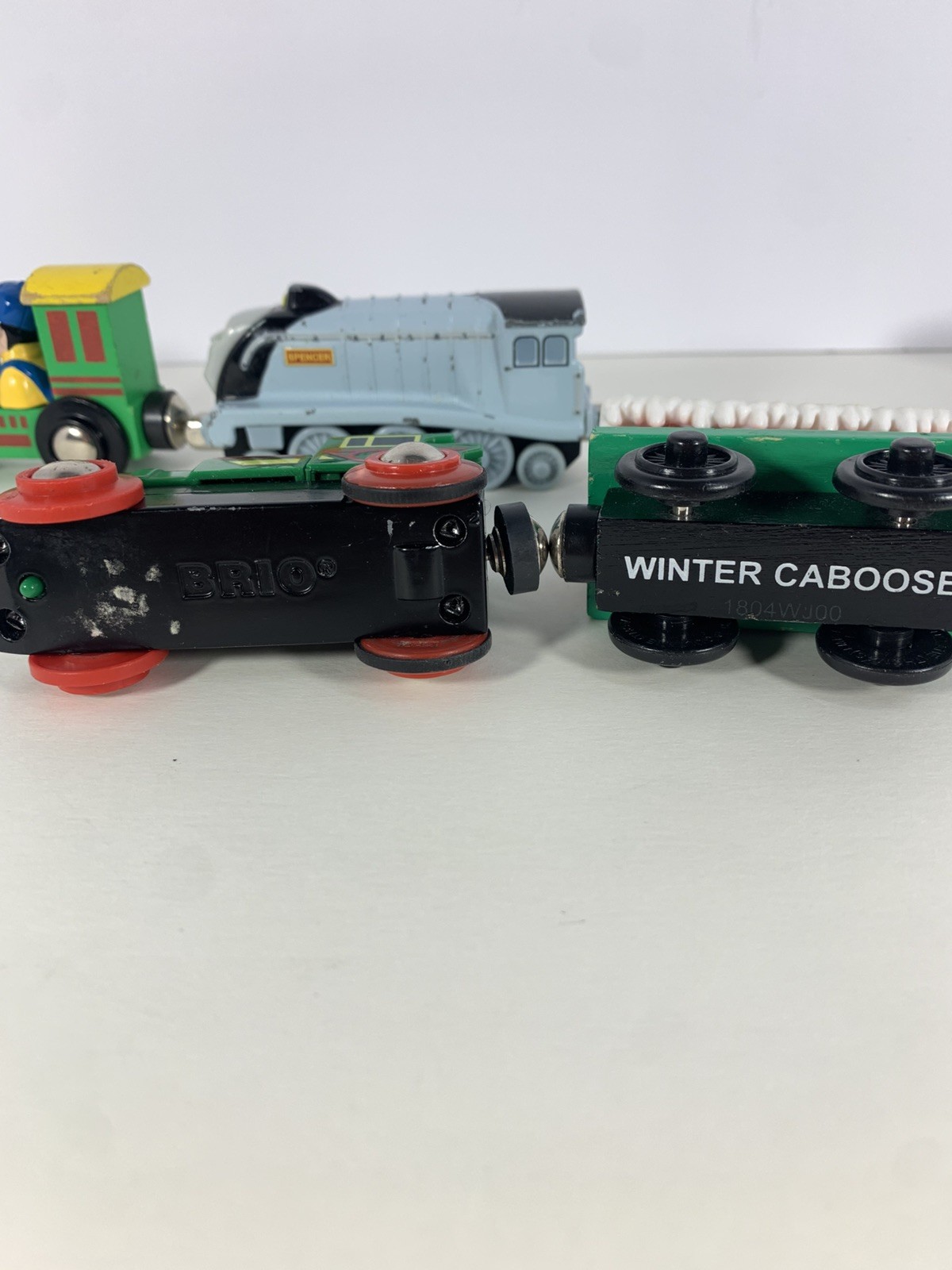 Brio, Thomas, & Spencer Wooden Railway Train Lot – 4 Engines & 2 Carts