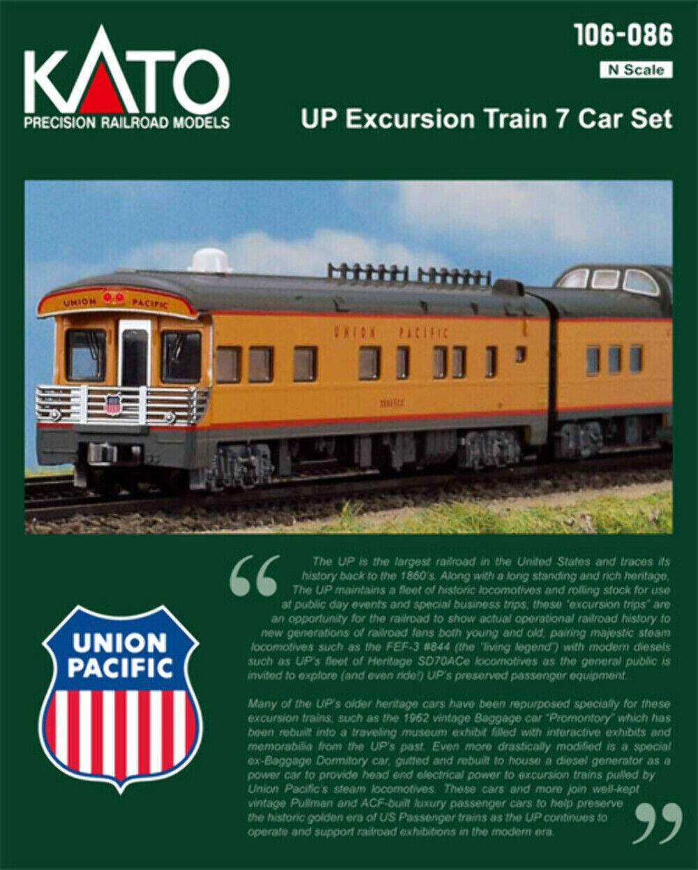 KATO 106086 N SCALE UNION PACIFIC UP EXCURSION TRAIN SEVEN CAR SET 106-086
