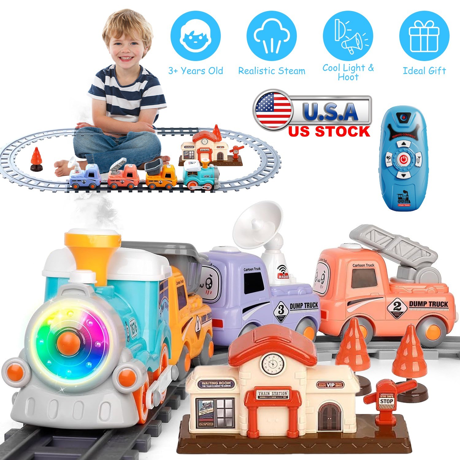 Electric Train Set Smokes Light Sound Remote Magnetic Kid Toys Locomotive Trucks