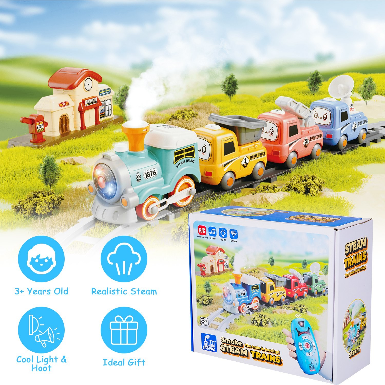 Electric Train Set Smokes Light Sound Remote Magnetic Kid Toys Locomotive Trucks