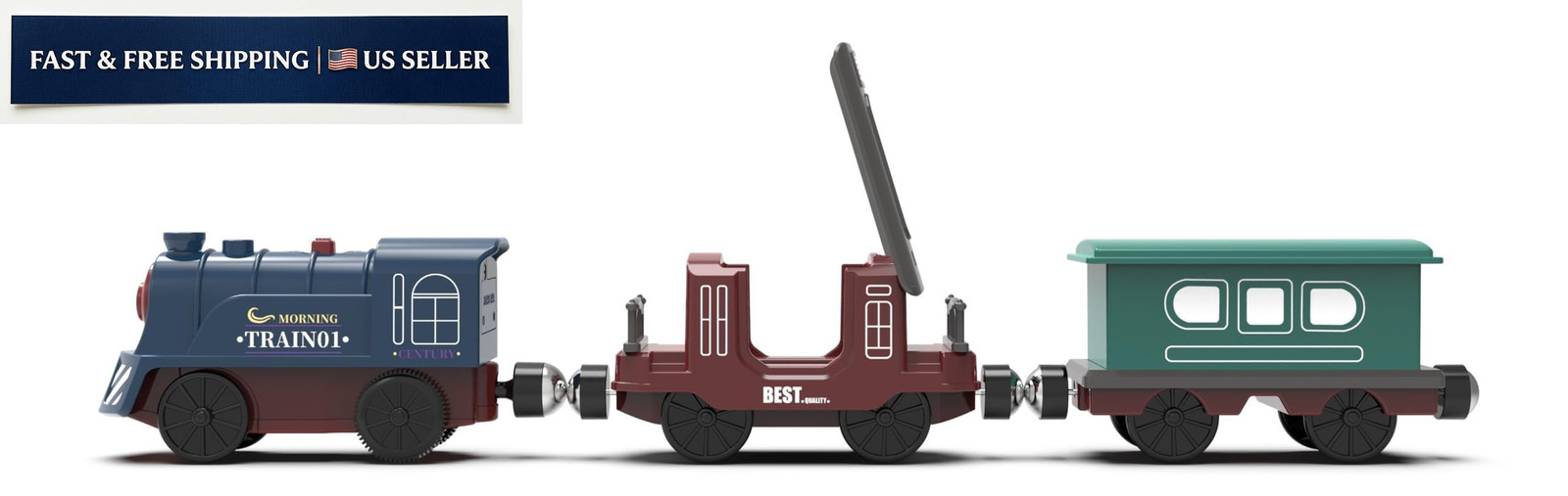 Battery Operated Train for Wooden Track, 3Pcs Motorized Small, Deep Blue