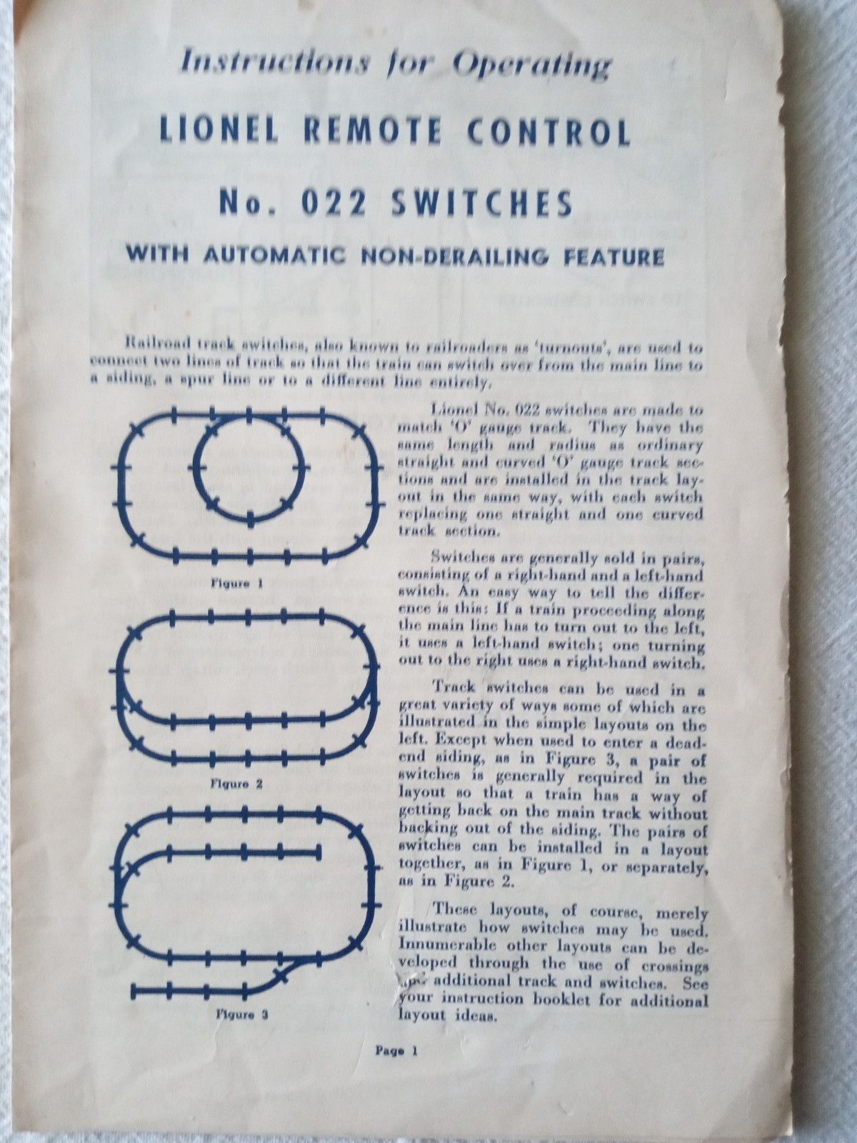 LIONEL Instructions for Operating Lionel Remote Control No. 022 Switches
