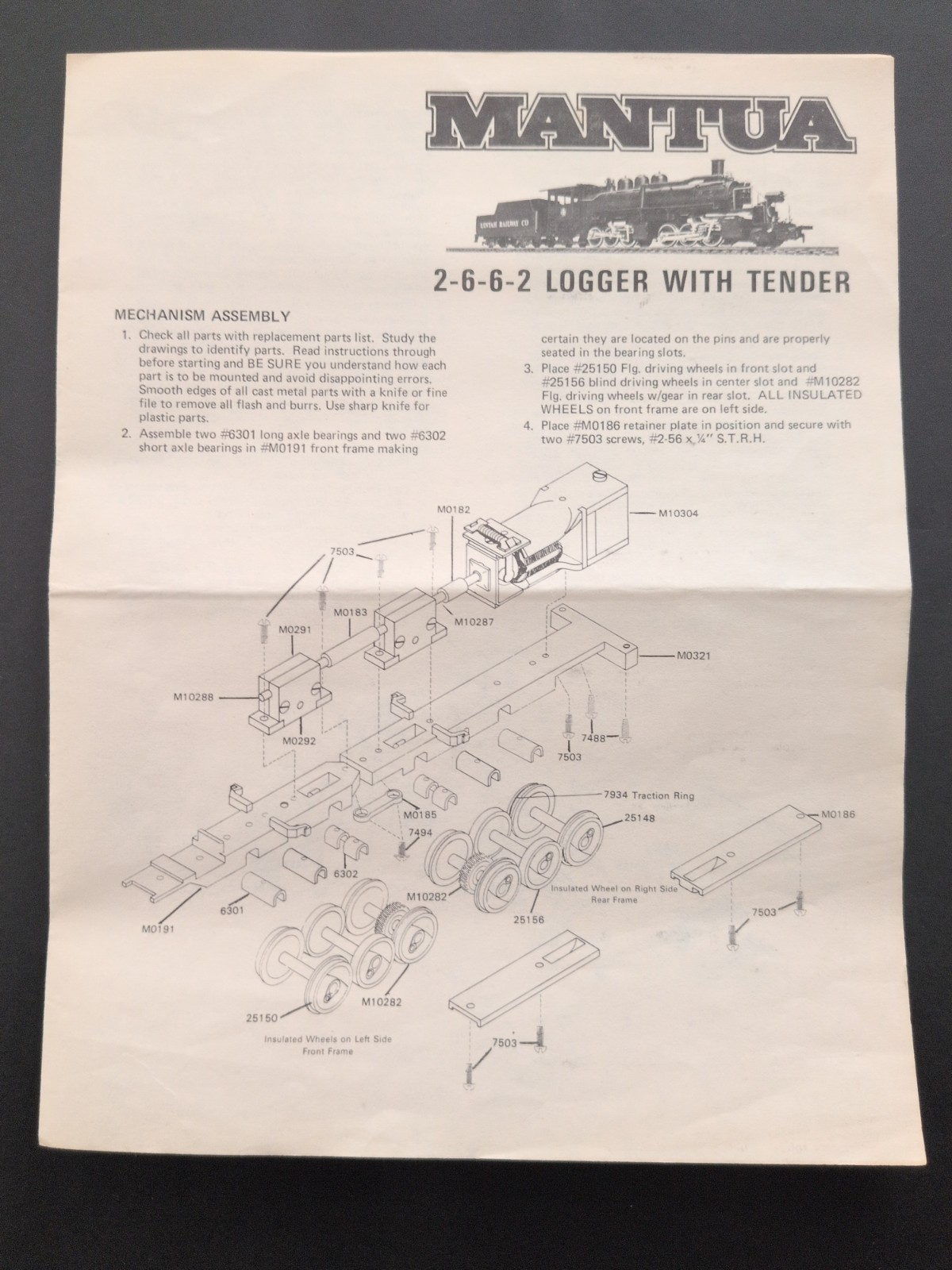 Original Mantua HO 2-6-6-2 Logger w/ Tender Owner Assembly Manual 1982 – 6 pages