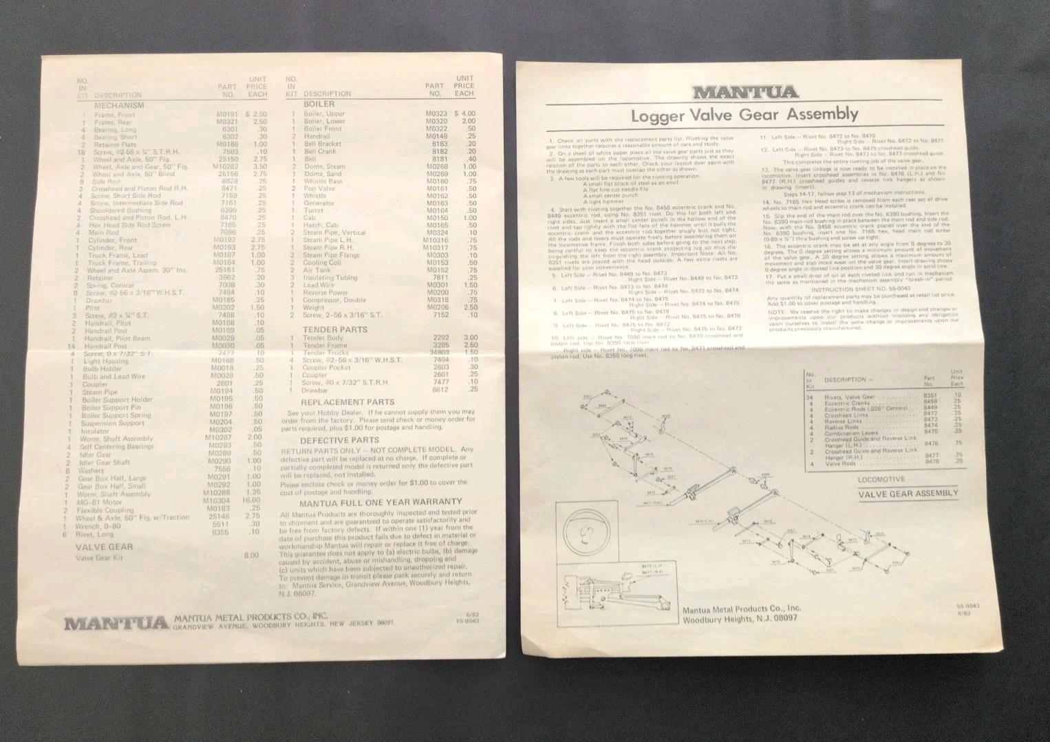 Original Mantua HO 2-6-6-2 Logger w/ Tender Owner Assembly Manual 1982 – 6 pages