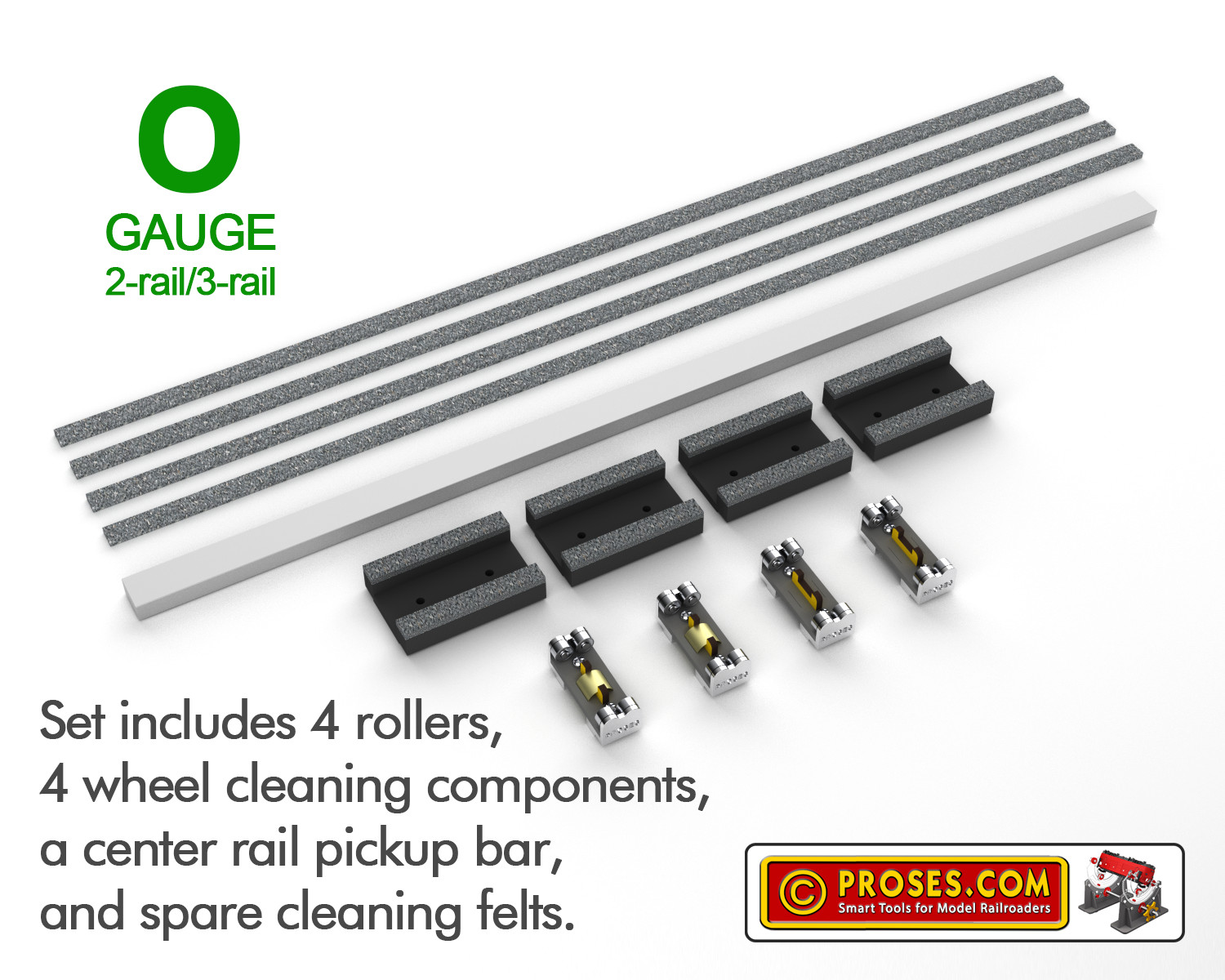 O GAUGE ROLLERS (2-RAIL & 3-RAIL) W/ WHEEL CLEANING ACCESSORIES (RR-O3-04) (SP)